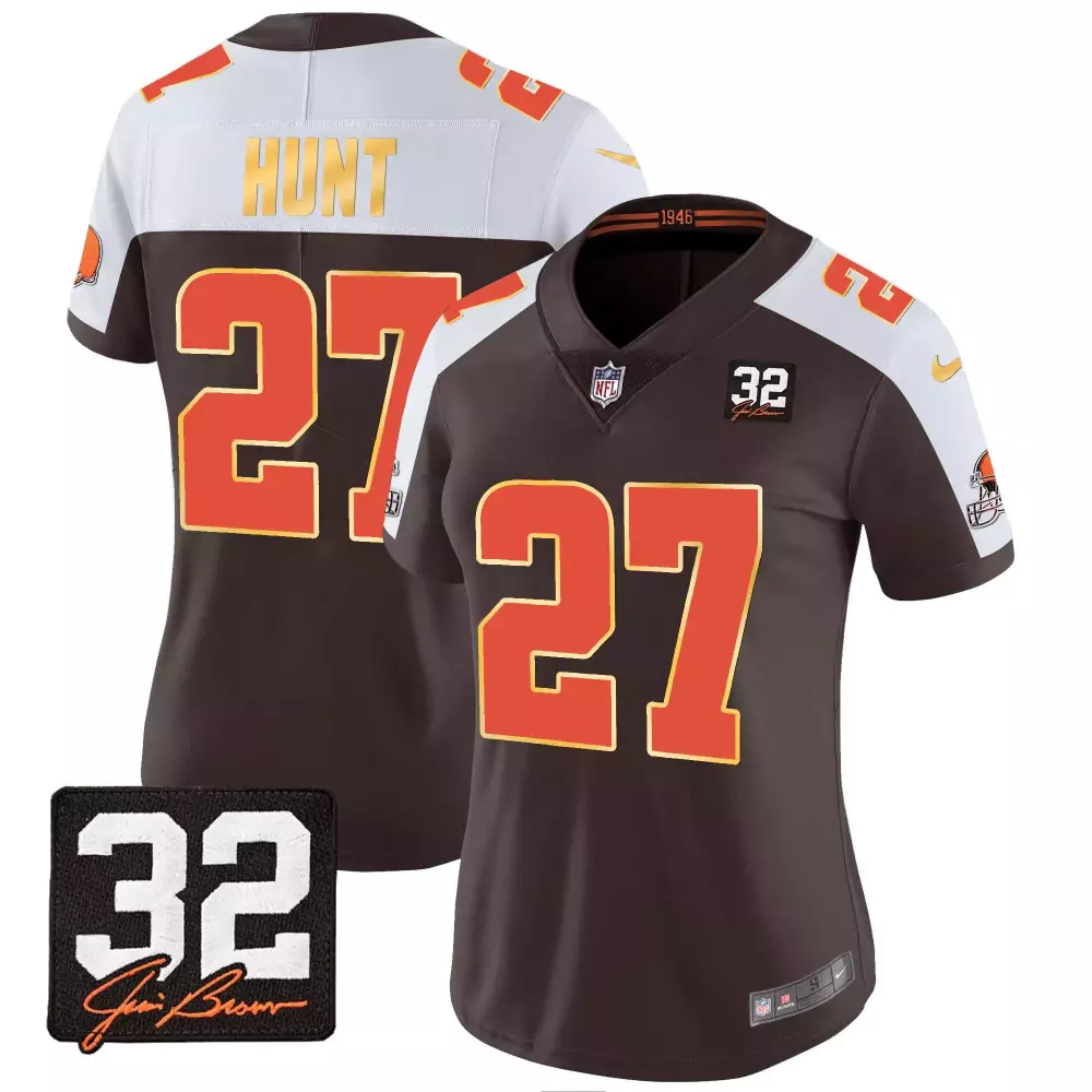 kareem hunt alternate womens cleveland browns 32 jim brown memorial patch gold trim jersey all stitched
