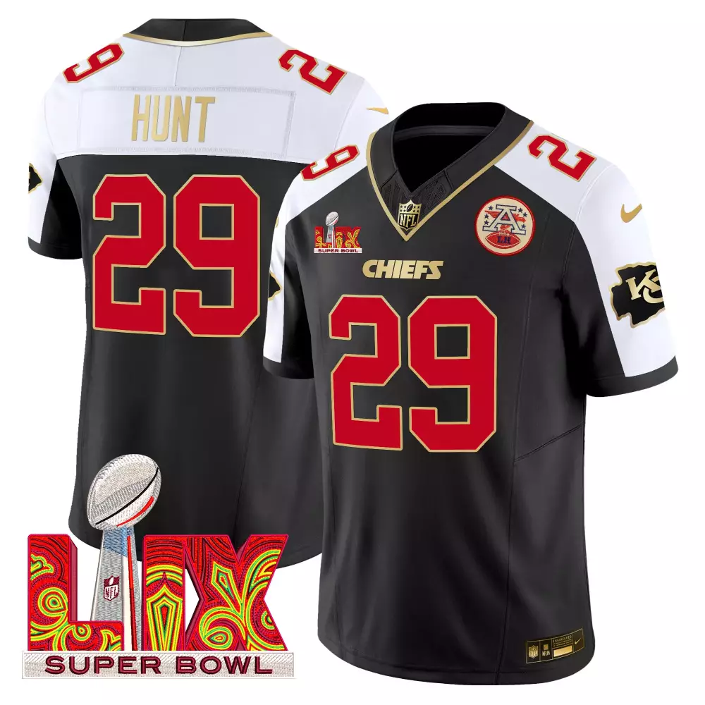 Kareem Hunt Black Women's Kansas City Chiefs Super Bowl LIX Patch Gold Trim Vapor Limited Jersey | All Stitched Fan Gear for Women