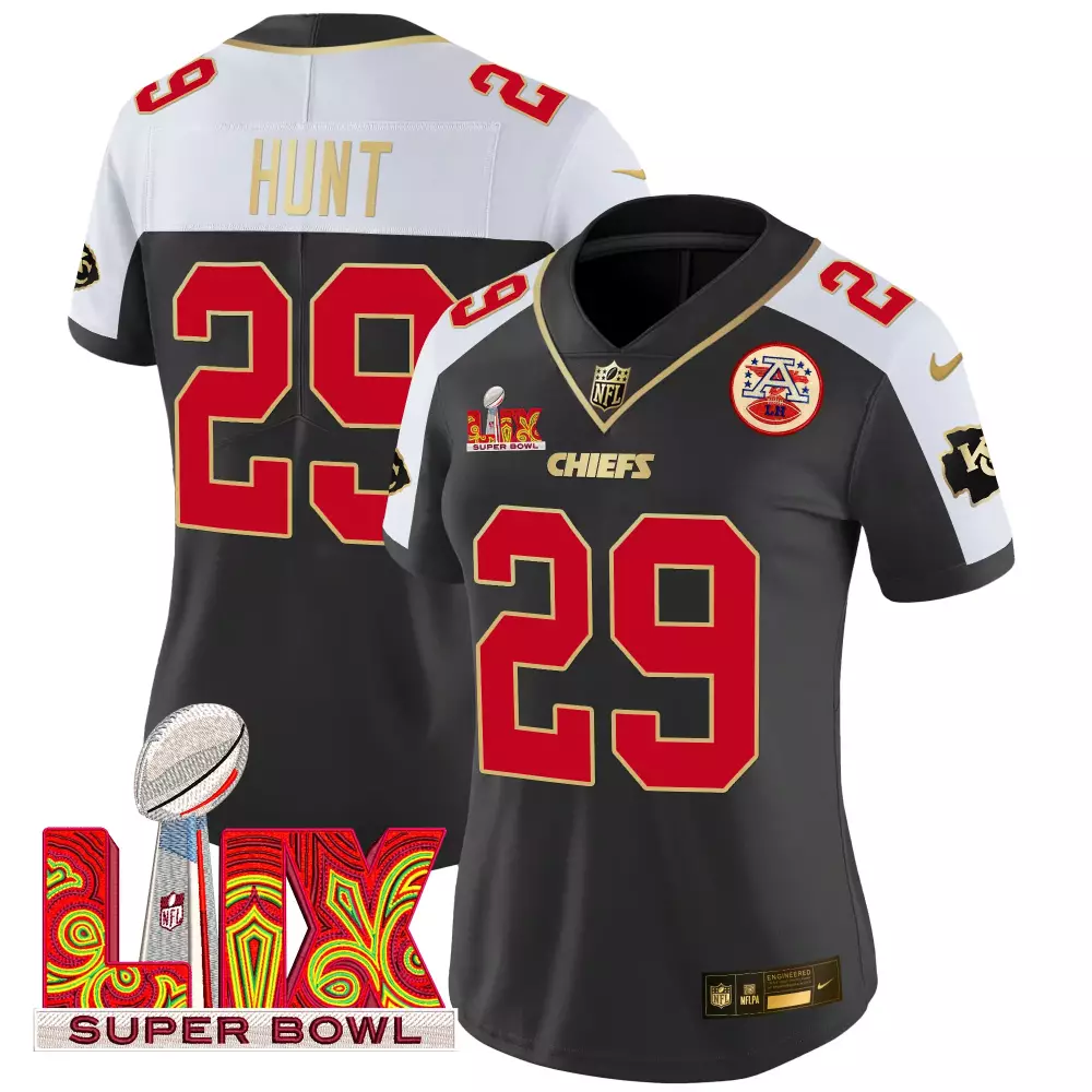 Kareem Hunt Black Women's Kansas City Chiefs Super Bowl LIX Patch Gold Trim Vapor Limited Jersey | All Stitched Fan Gear for Women