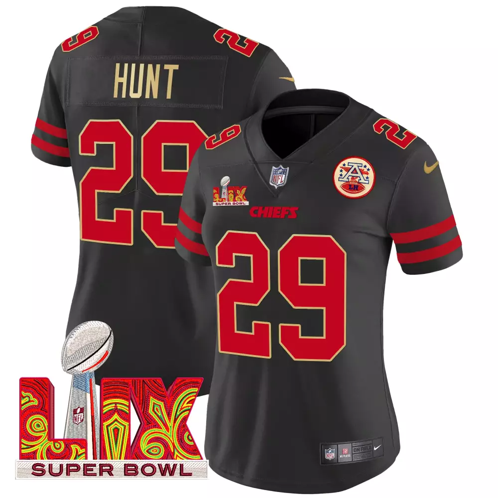 Kareem Hunt Black Women's Kansas City Chiefs Super Bowl LIX Patch Gold Trim Vapor Limited Jersey | All Stitched Fan Gear for Women