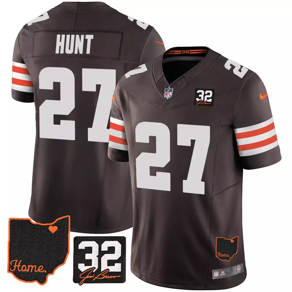 kareem hunt brown mens cleveland browns 32 jim brown memorial home patch jersey v3 all stitched