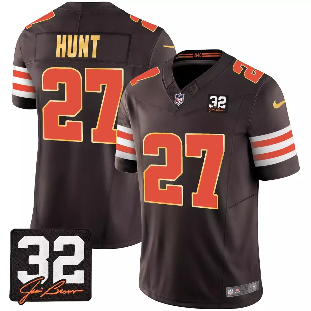 kareem hunt brown mens cleveland browns 32 jim brown memorial home patch jersey v3 all stitched