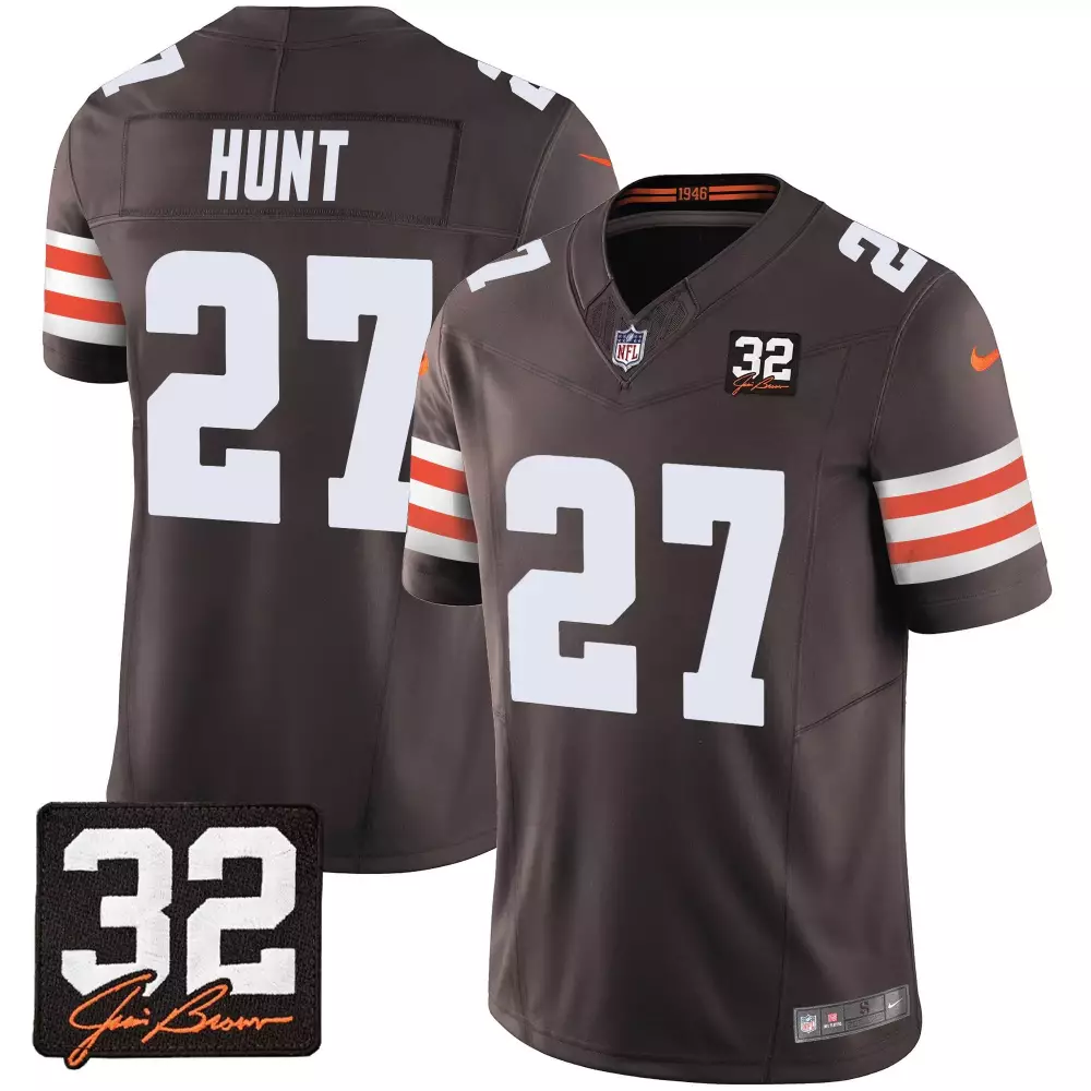 kareem hunt brown mens cleveland browns 32 jim brown memorial home patch jersey v3 all stitched