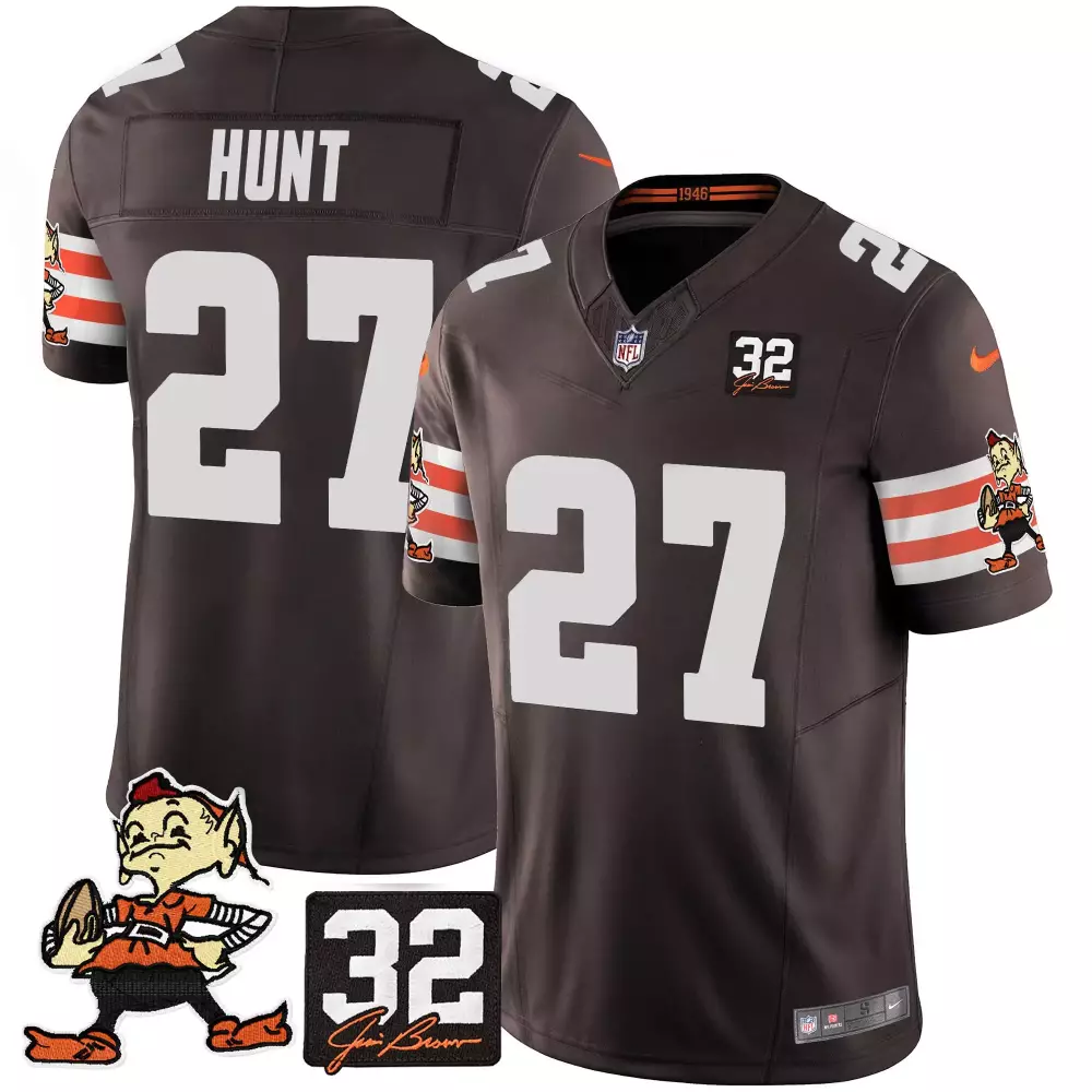 kareem hunt brown mens cleveland browns 32 jim brown memorial home patch jersey v3 all stitched