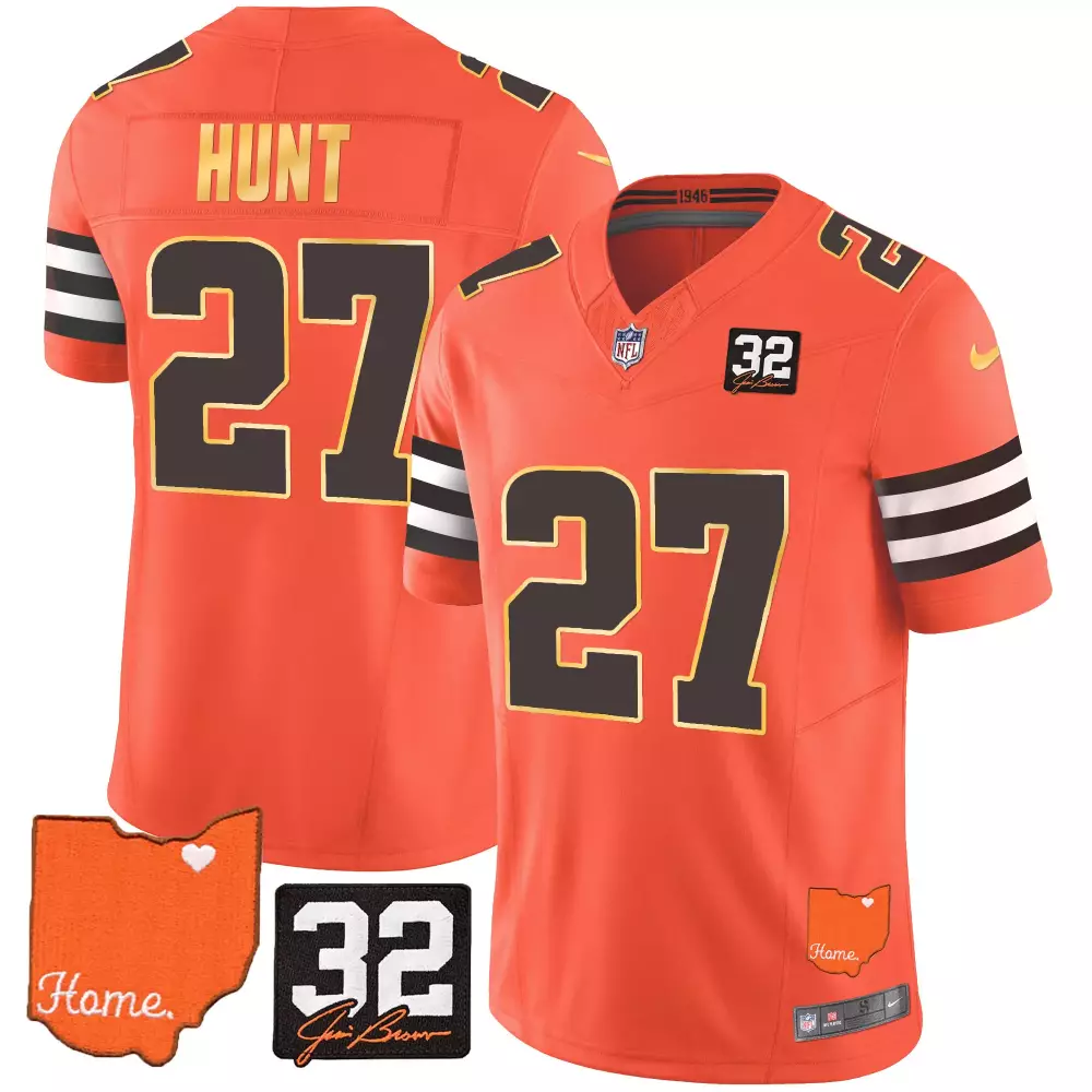 kareem hunt orange mens cleveland browns 32 jim brown memorial home patch gold trim jersey all stitched