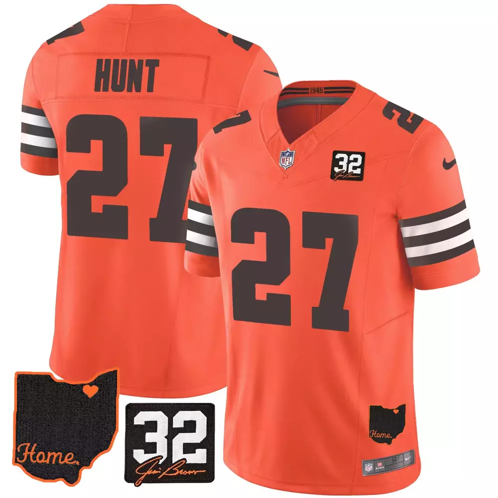 kareem hunt orange mens cleveland browns 32 jim brown memorial home patch gold trim jersey all stitched