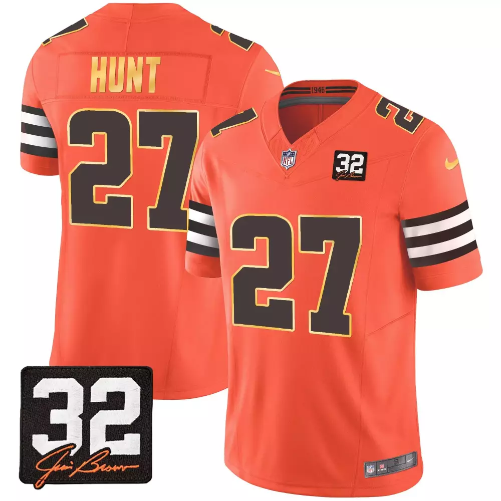 kareem hunt orange mens cleveland browns 32 jim brown memorial home patch gold trim jersey all stitched