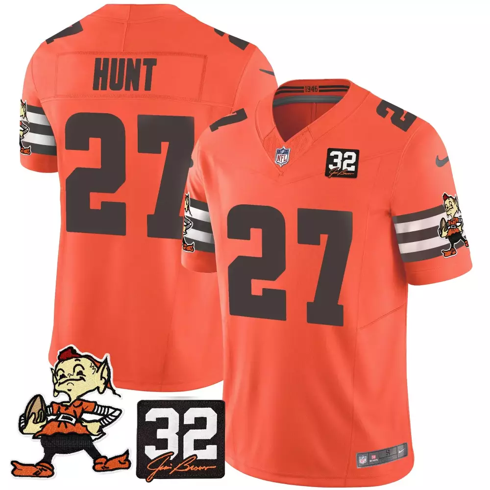 kareem hunt orange mens cleveland browns 32 jim brown memorial patch jersey all stitched