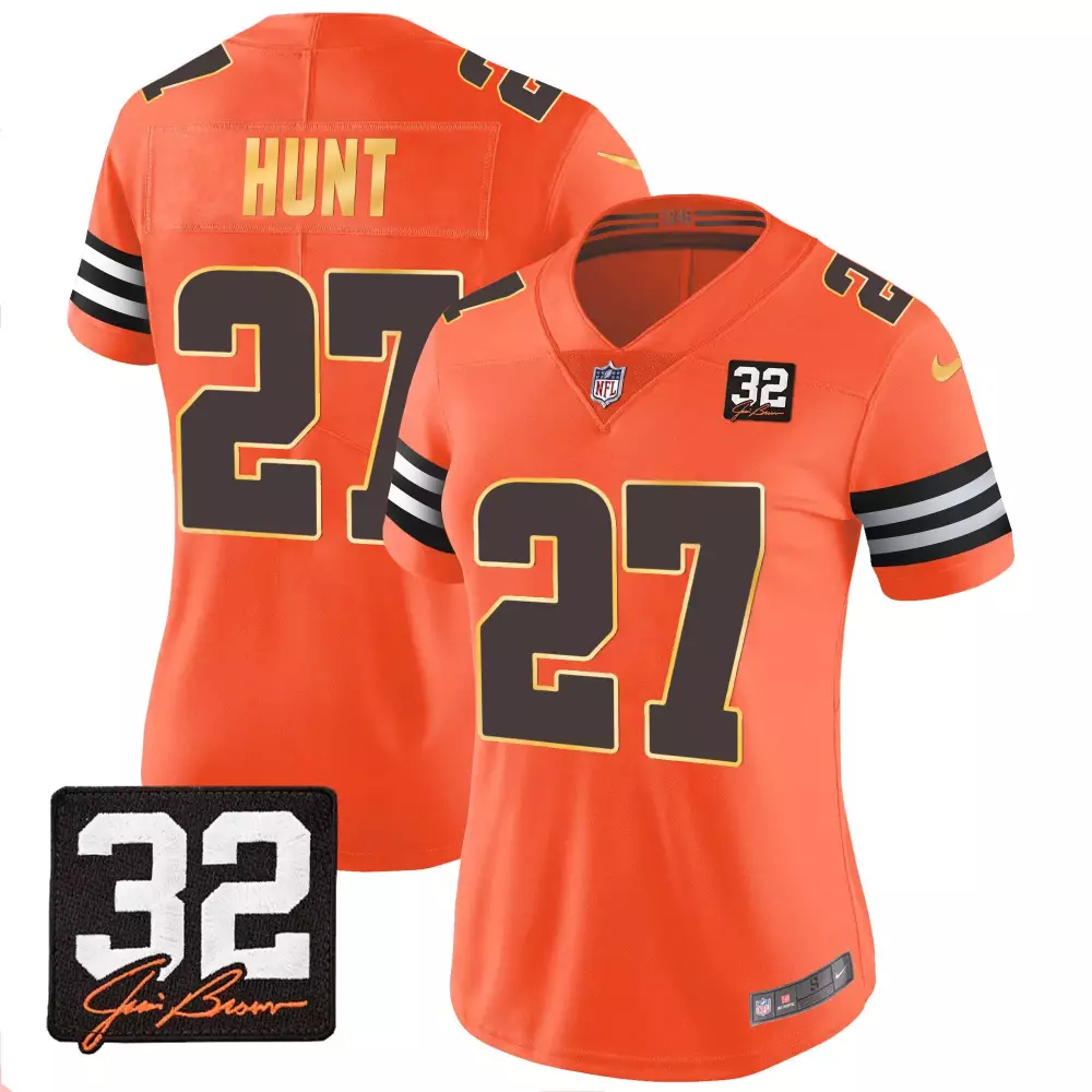 kareem hunt orange womens cleveland browns 32 jim brown memorial patch gold trim jersey all stitched