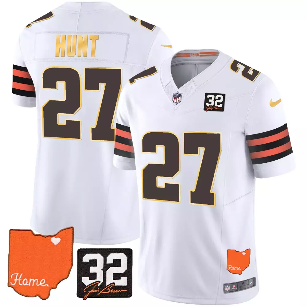 kareem hunt orange womens cleveland browns 32 jim brown memorial patch gold trim jersey all stitched