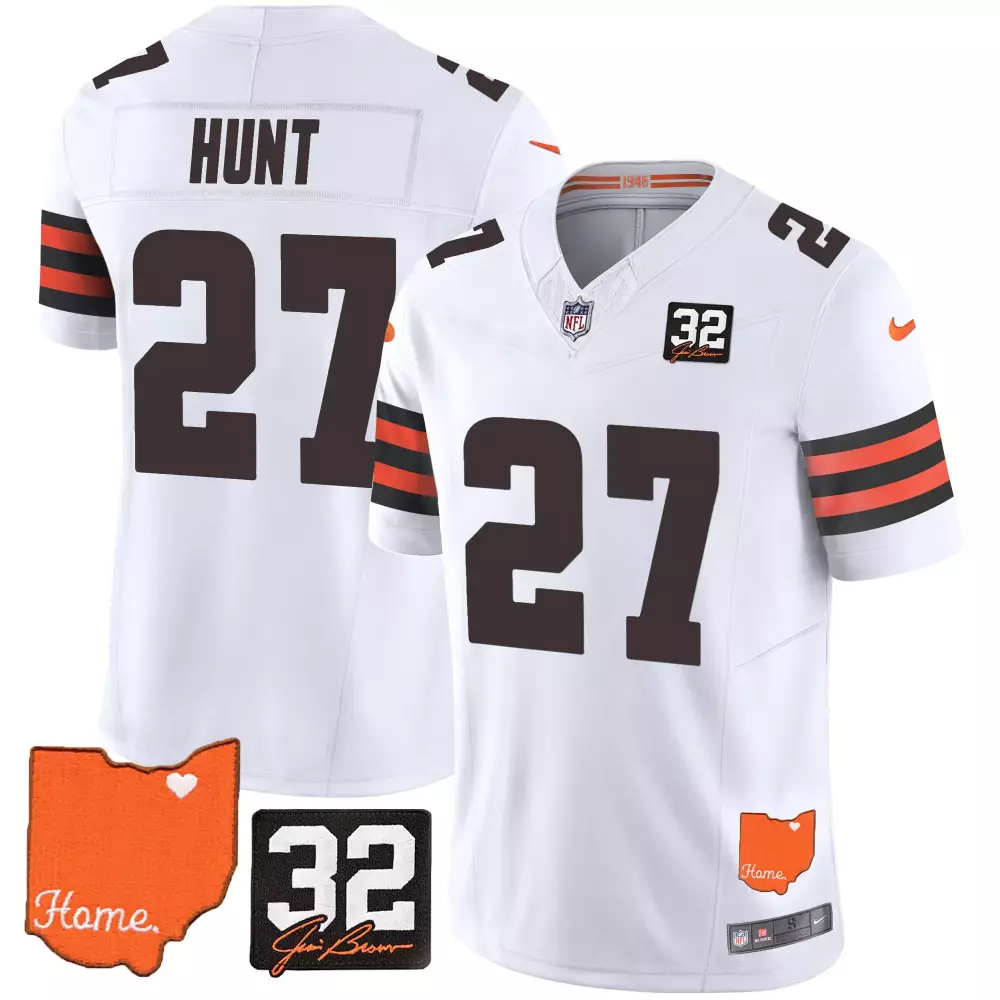 kareem hunt orange womens cleveland browns 32 jim brown memorial patch gold trim jersey all stitched