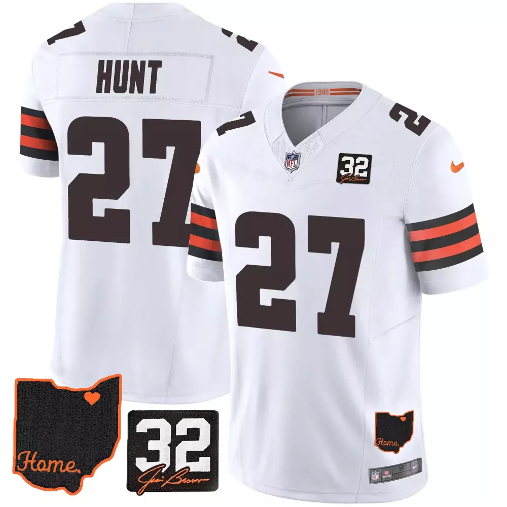 kareem hunt orange womens cleveland browns 32 jim brown memorial patch gold trim jersey all stitched