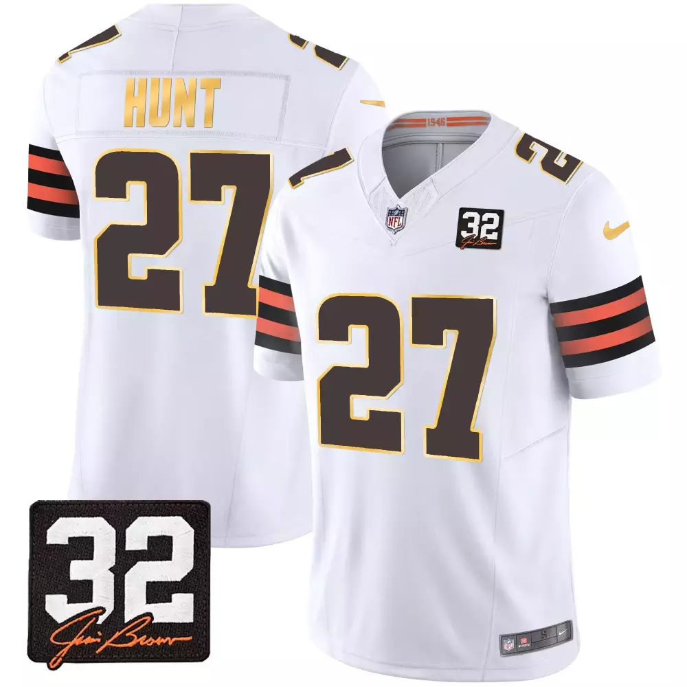 kareem hunt white mens cleveland browns 32 jim brown memorial patch gold trim jersey all stitched