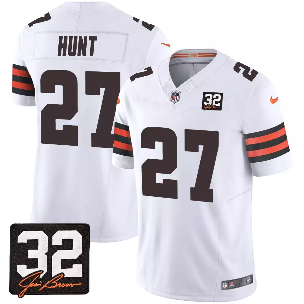 kareem hunt white mens cleveland browns 32 jim brown memorial patch gold trim jersey all stitched