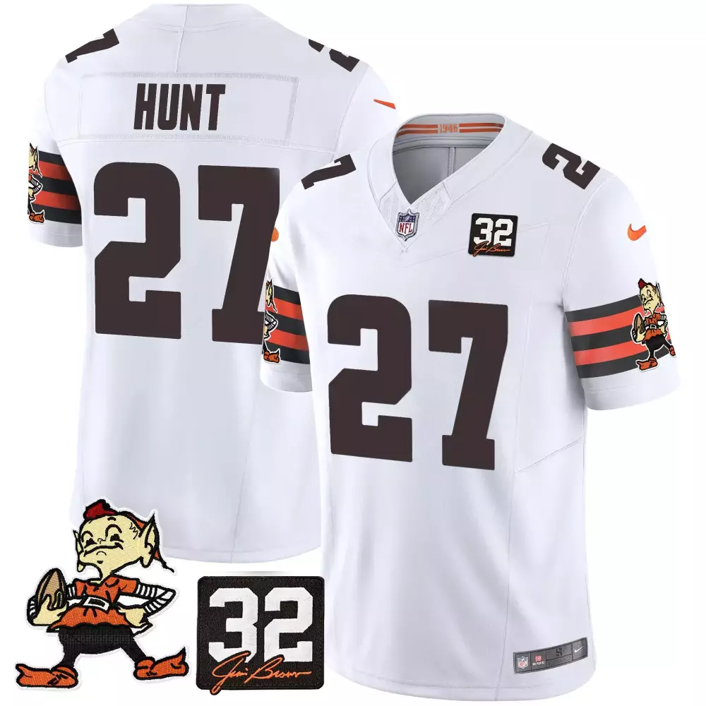 kareem hunt white mens cleveland browns 32 jim brown memorial patch gold trim jersey all stitched