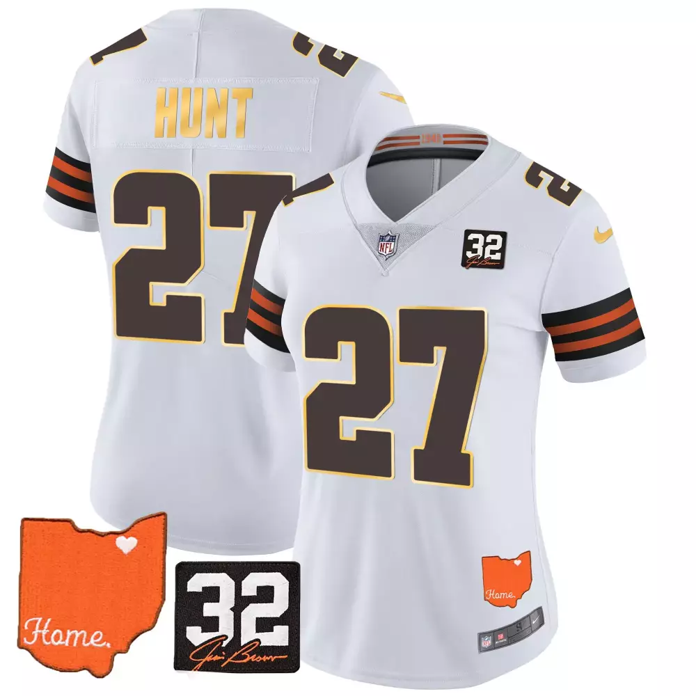 kareem hunt white mens cleveland browns 32 jim brown memorial patch gold trim jersey all stitched