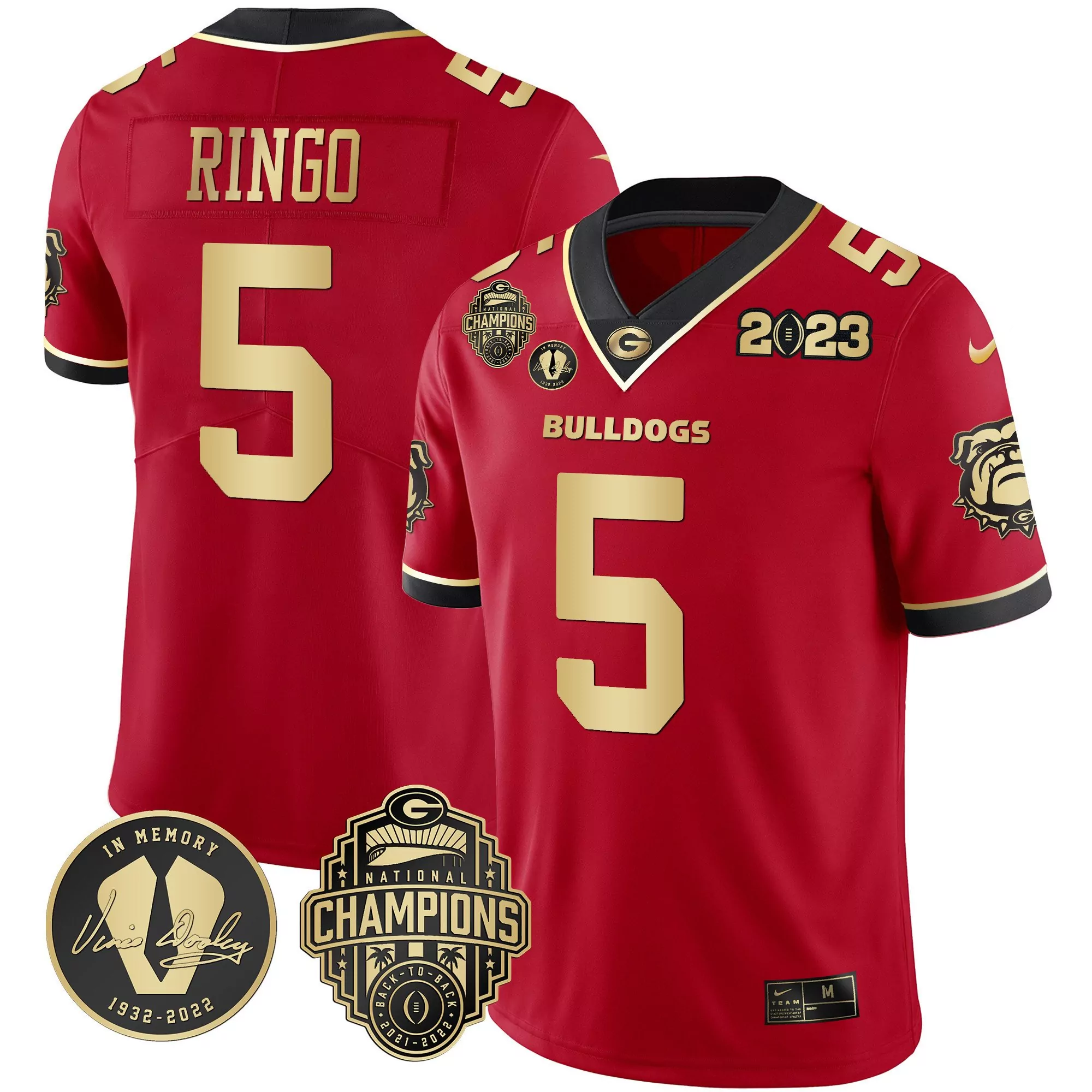 kelee ringo red gold mens georgia bulldogs 2023 champions vince dooley patch gold jersey all stitched