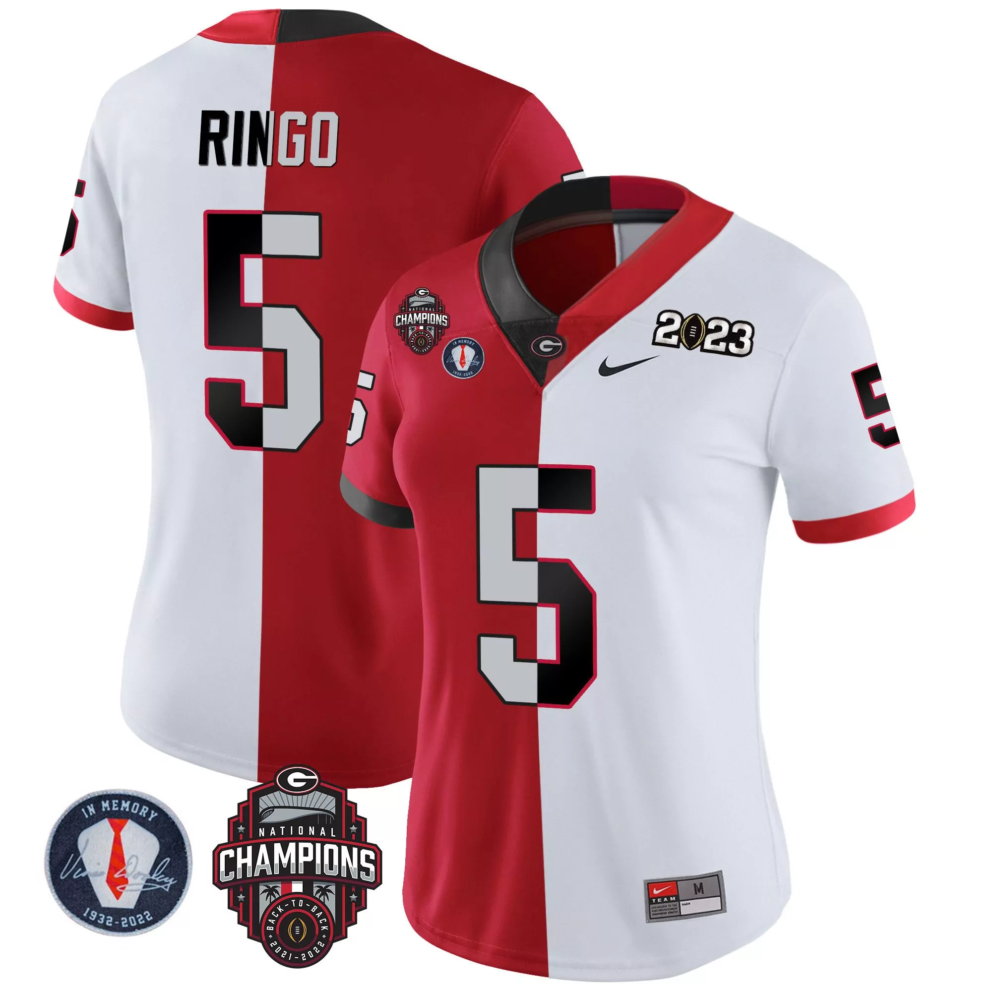 kelee ringo split red white mens georgia bulldogs 2023 champions gold jersey all stitched