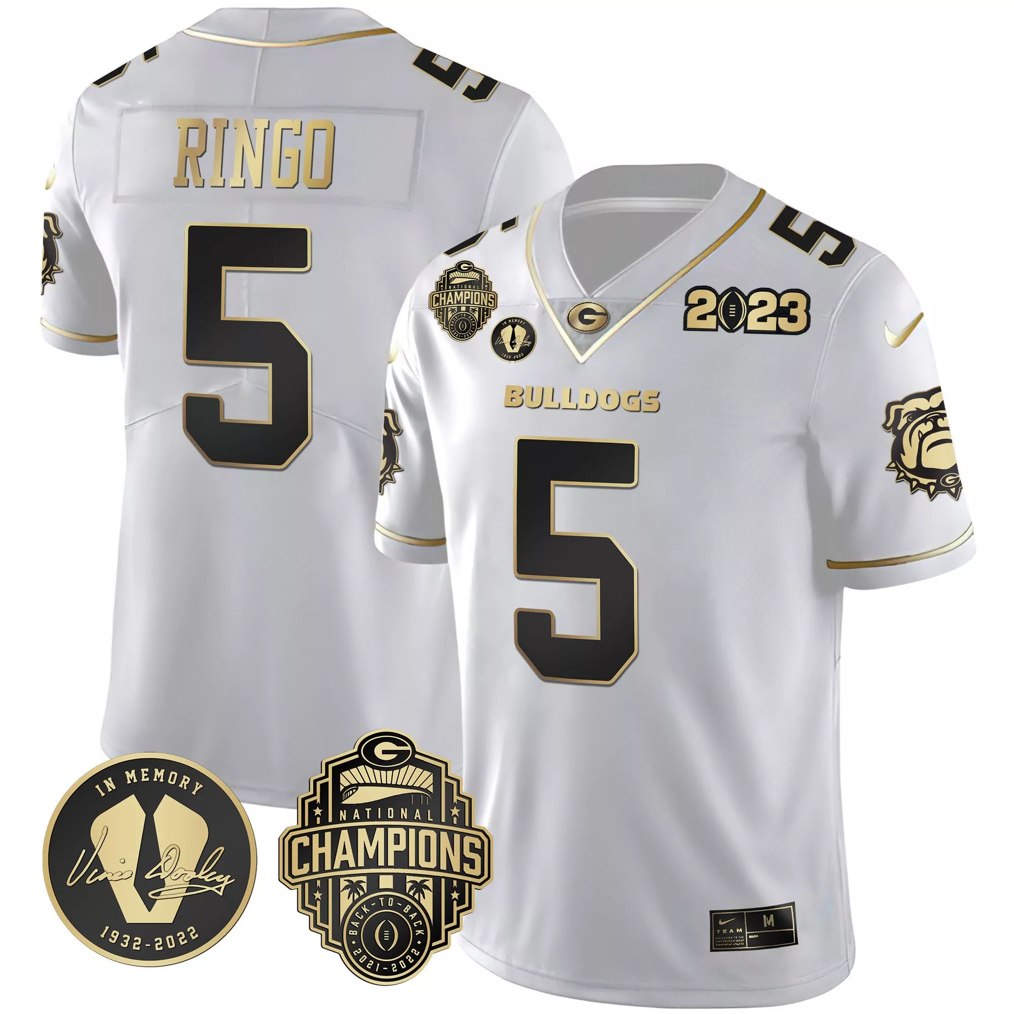 kelee ringo white gold mens georgia bulldogs 2023 champions vince dooley patch gold jersey all stitched