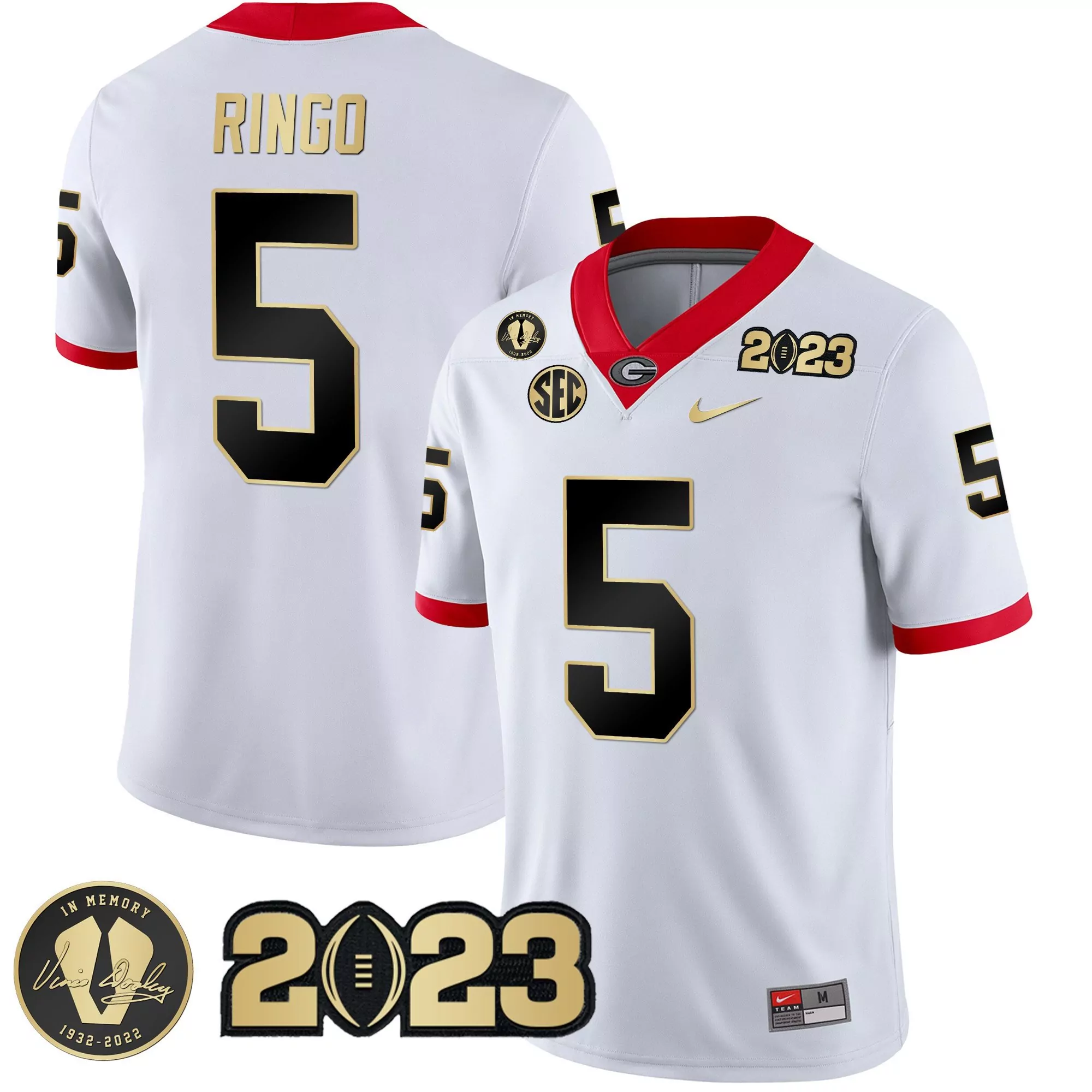 kelee ringo white gold trim mens georgia bulldogs 2023 champions v2 jersey all stitched