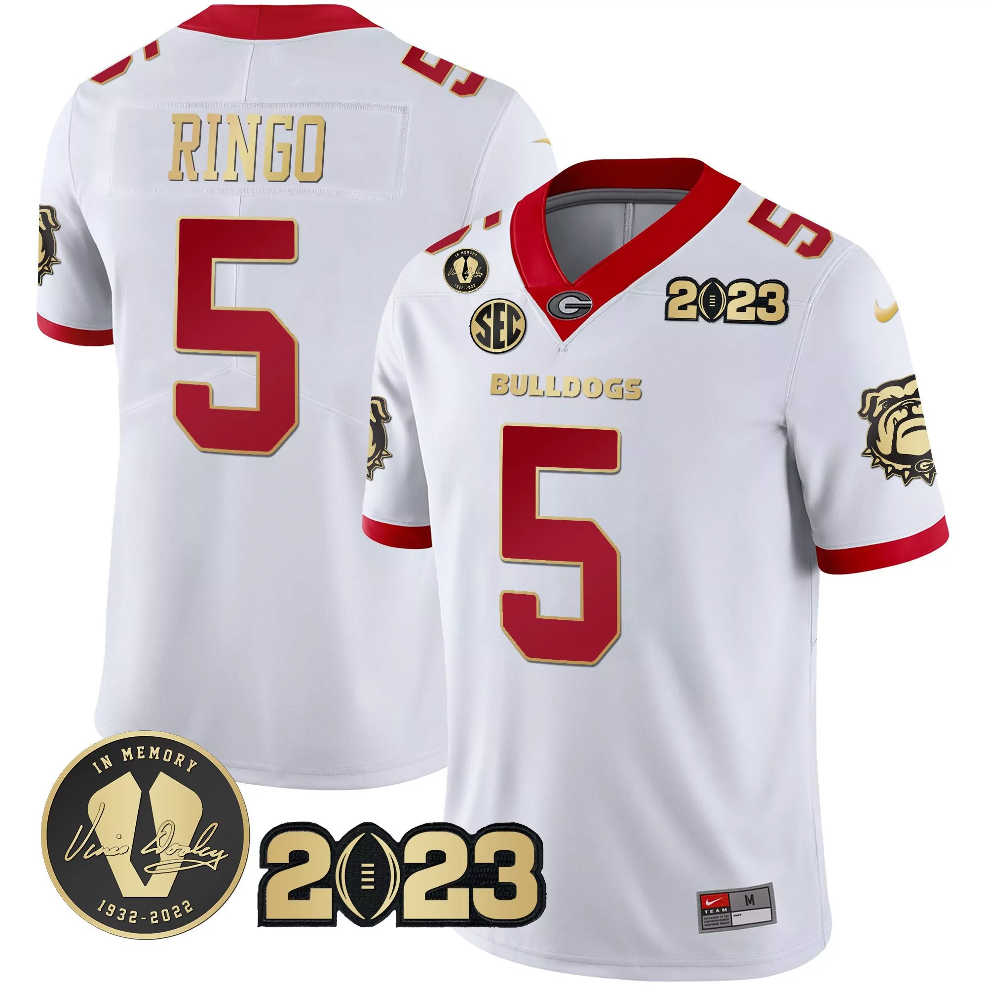kelee ringo white gold trim mens georgia bulldogs 2023 champions v2 jersey all stitched