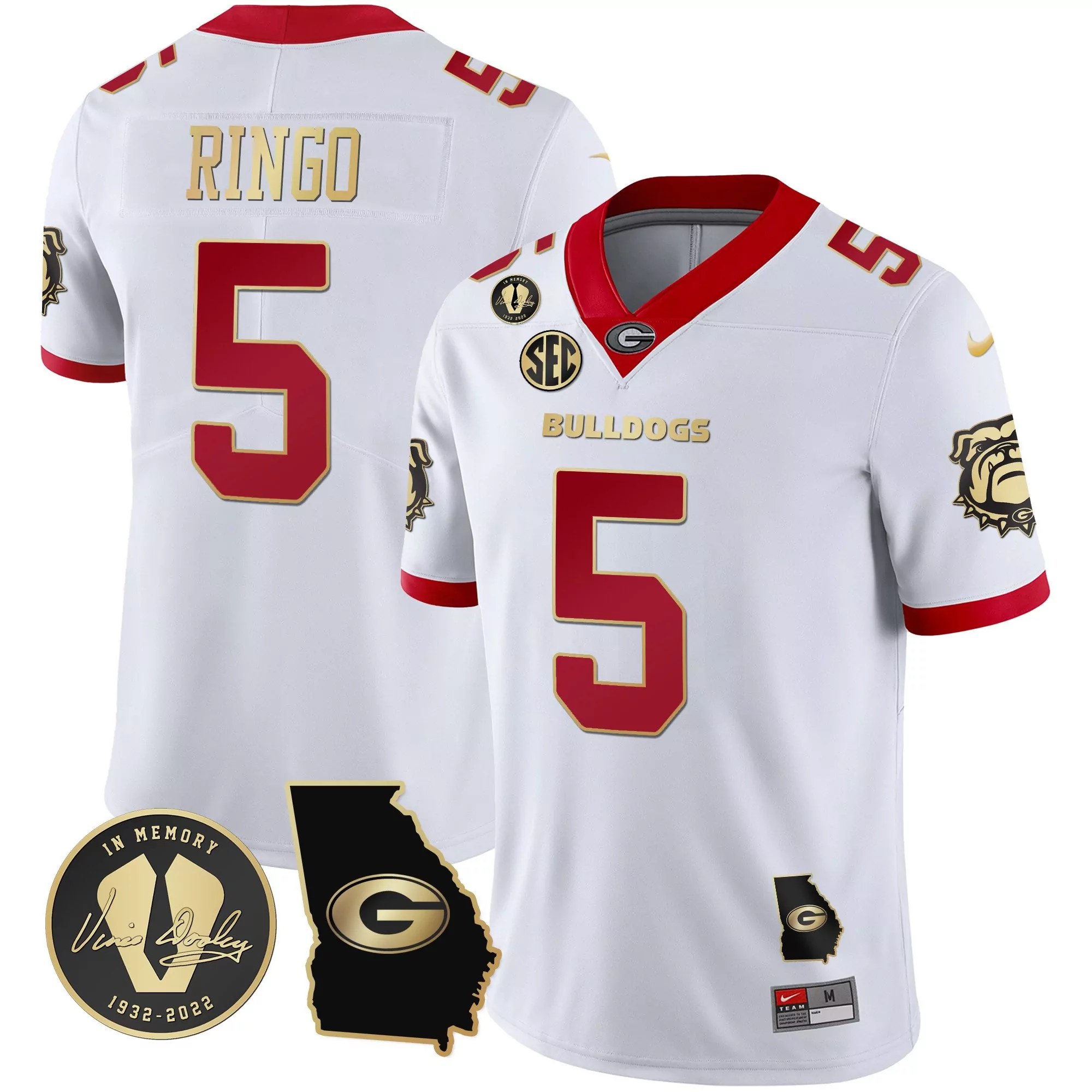 kelee ringo white gold trim mens georgia bulldogs 2023 champions v2 jersey all stitched