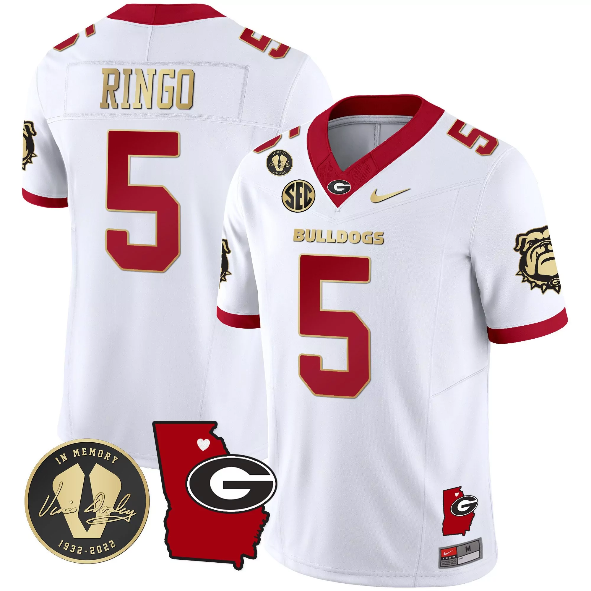 kelee ringo white gold trim mens georgia bulldogs 2023 champions v2 jersey all stitched