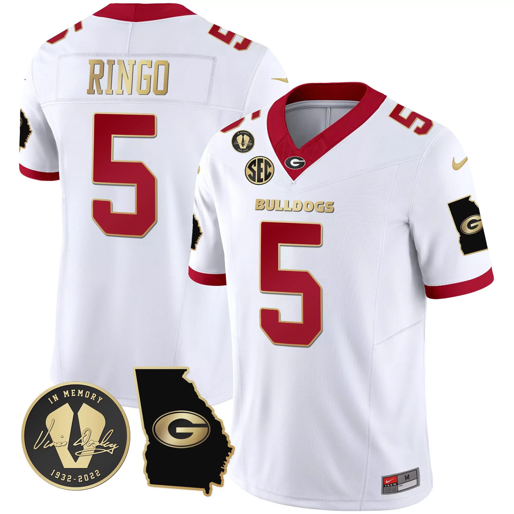 kelee ringo white gold trim mens georgia bulldogs 2023 champions v2 jersey all stitched