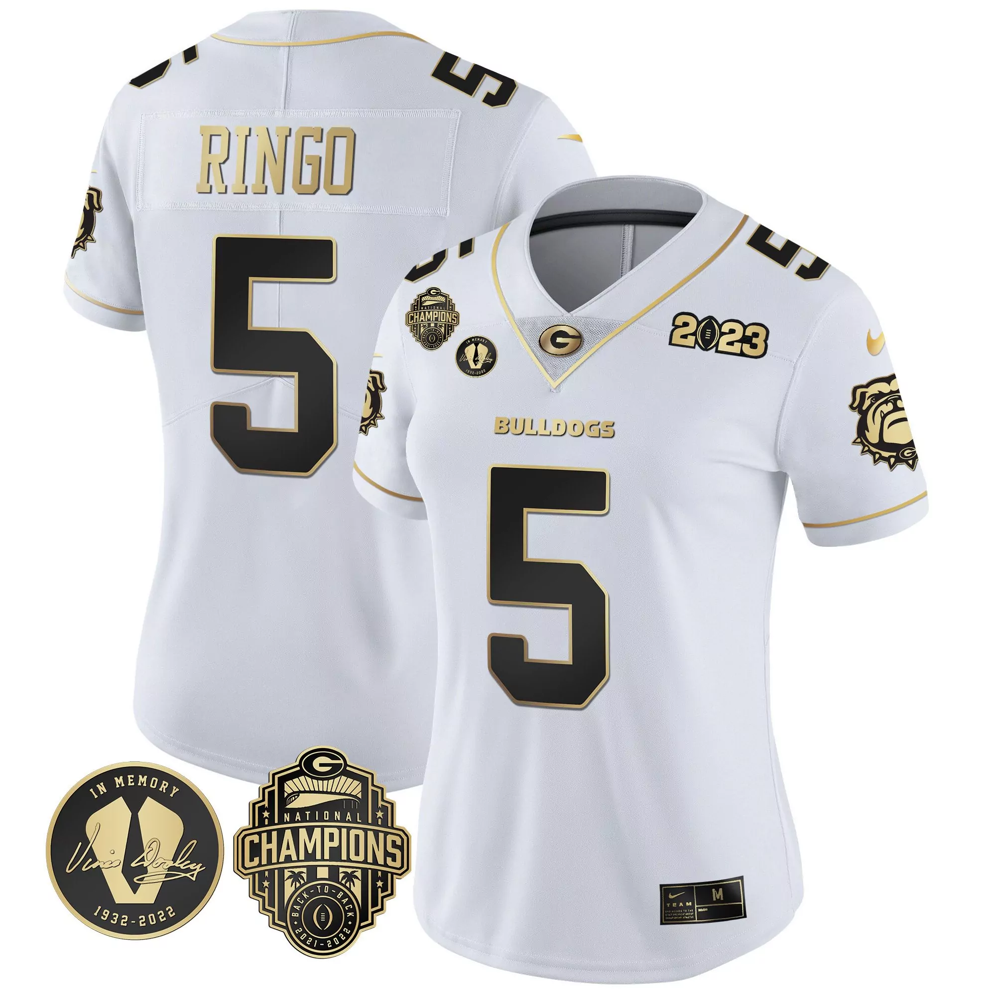 kelee ringo white gold womens georgia bulldogs 2023 champions gold jersey all stitched