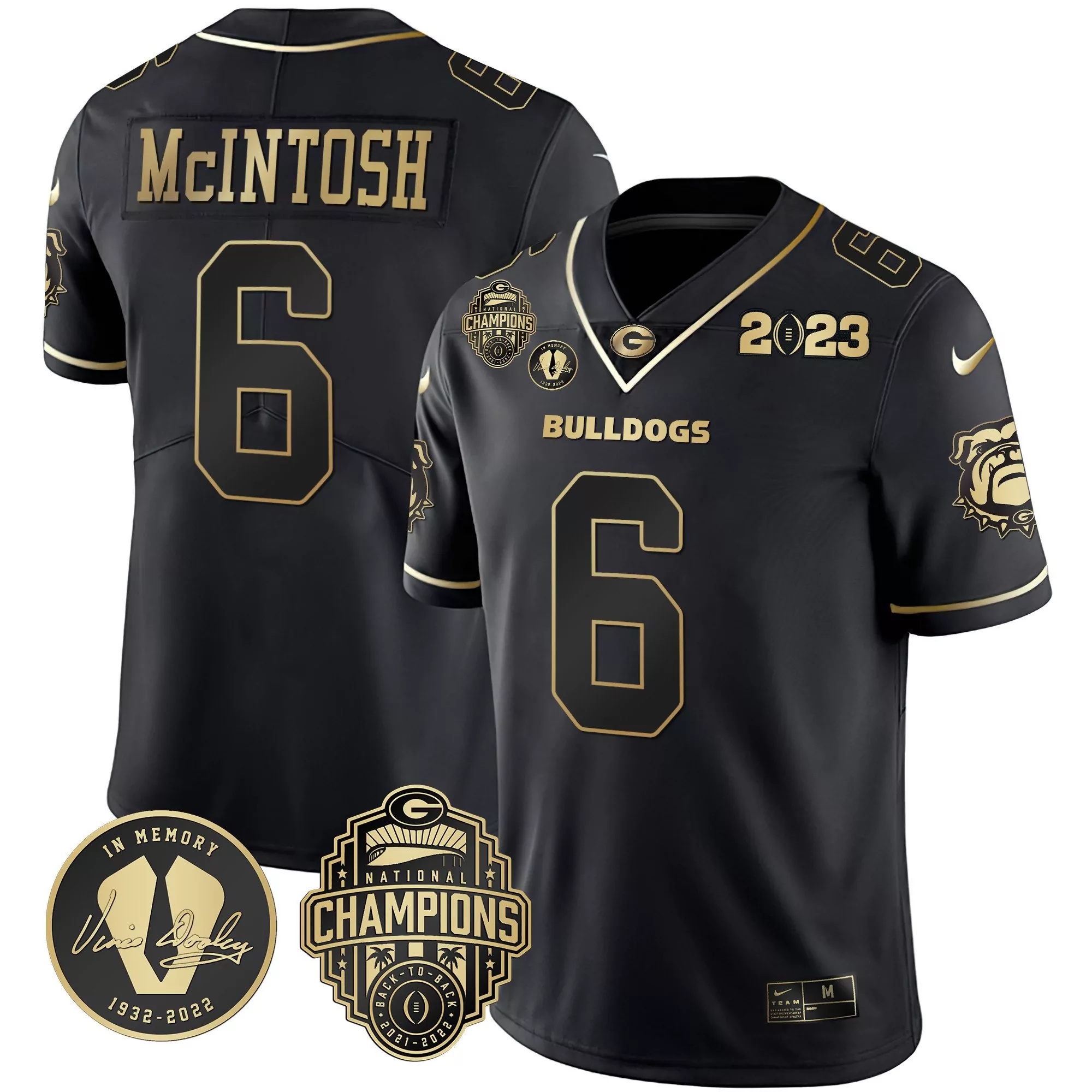 kenny mcintosh black gold mens georgia bulldogs 2023 champions vince dooley patch gold jersey all stitched