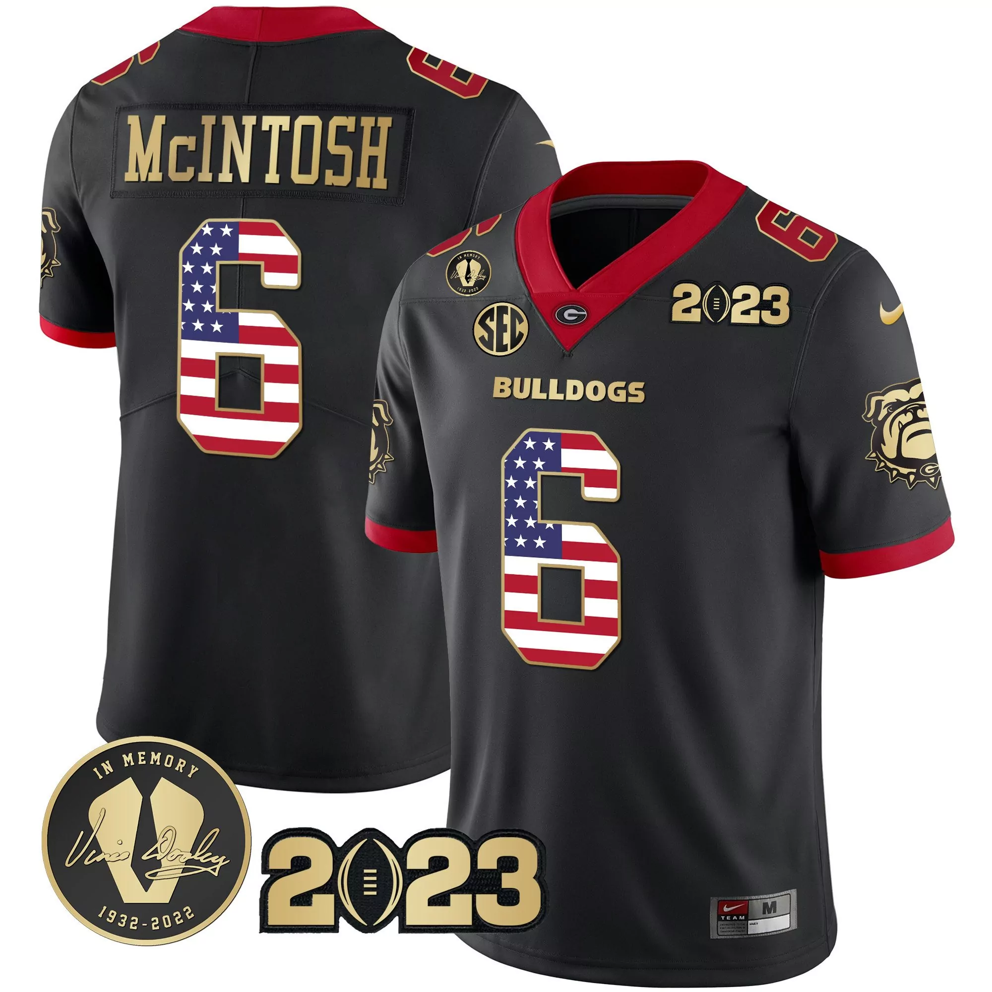 kenny mcintosh black gold mens georgia bulldogs 2023 champions vince dooley patch gold jersey all stitched