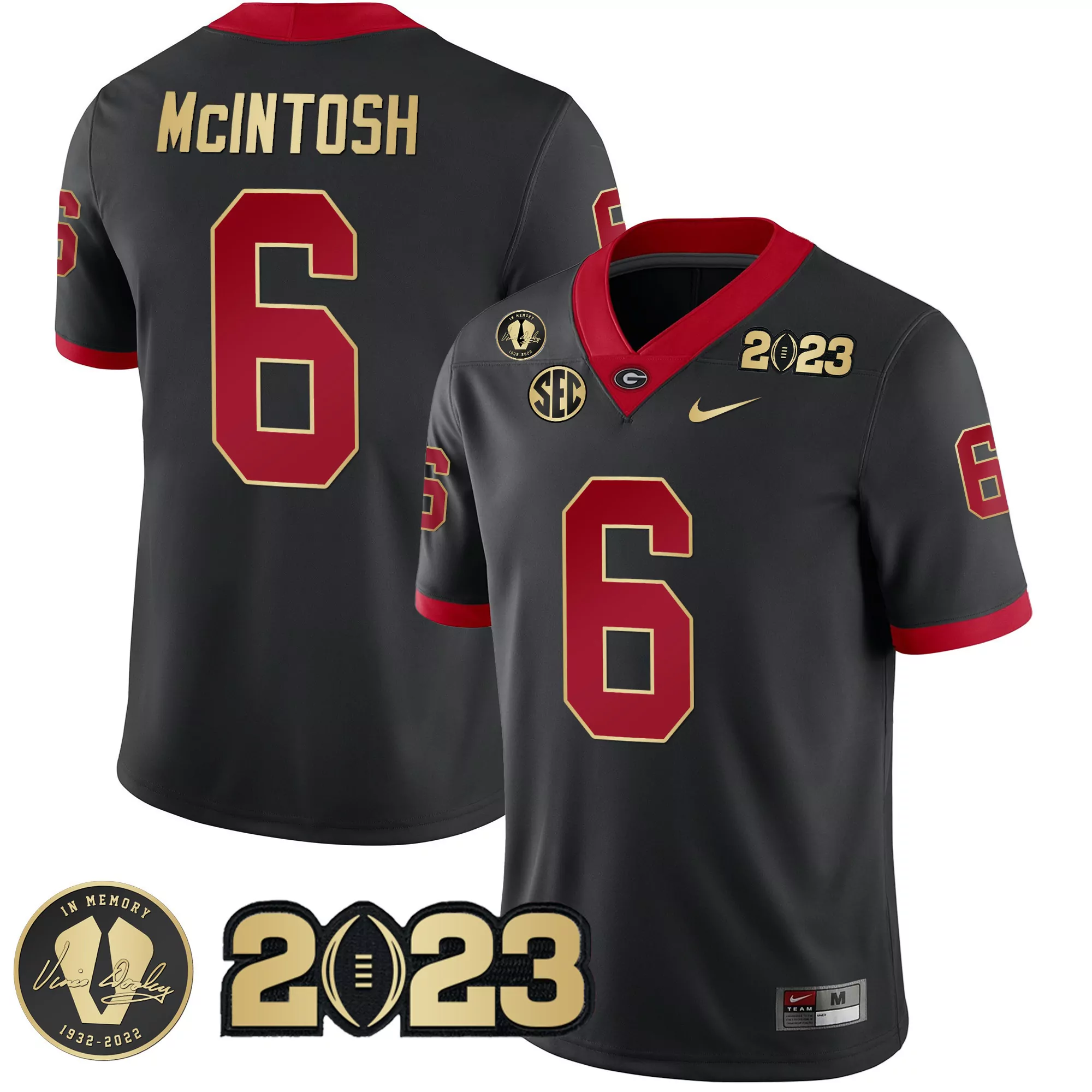 kenny mcintosh black gold mens georgia bulldogs 2023 champions vince dooley patch gold jersey all stitched