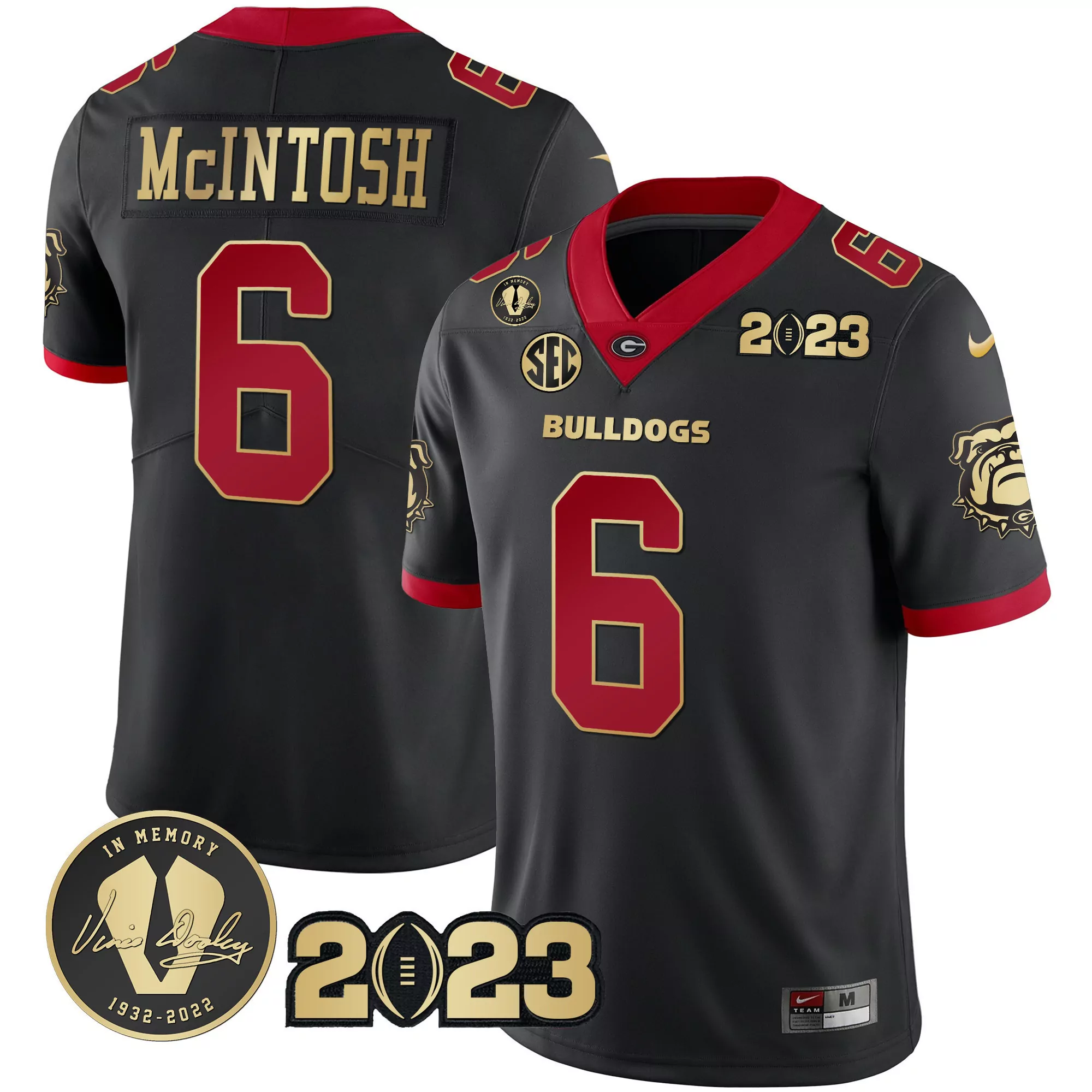 kenny mcintosh black gold mens georgia bulldogs 2023 champions vince dooley patch gold jersey all stitched