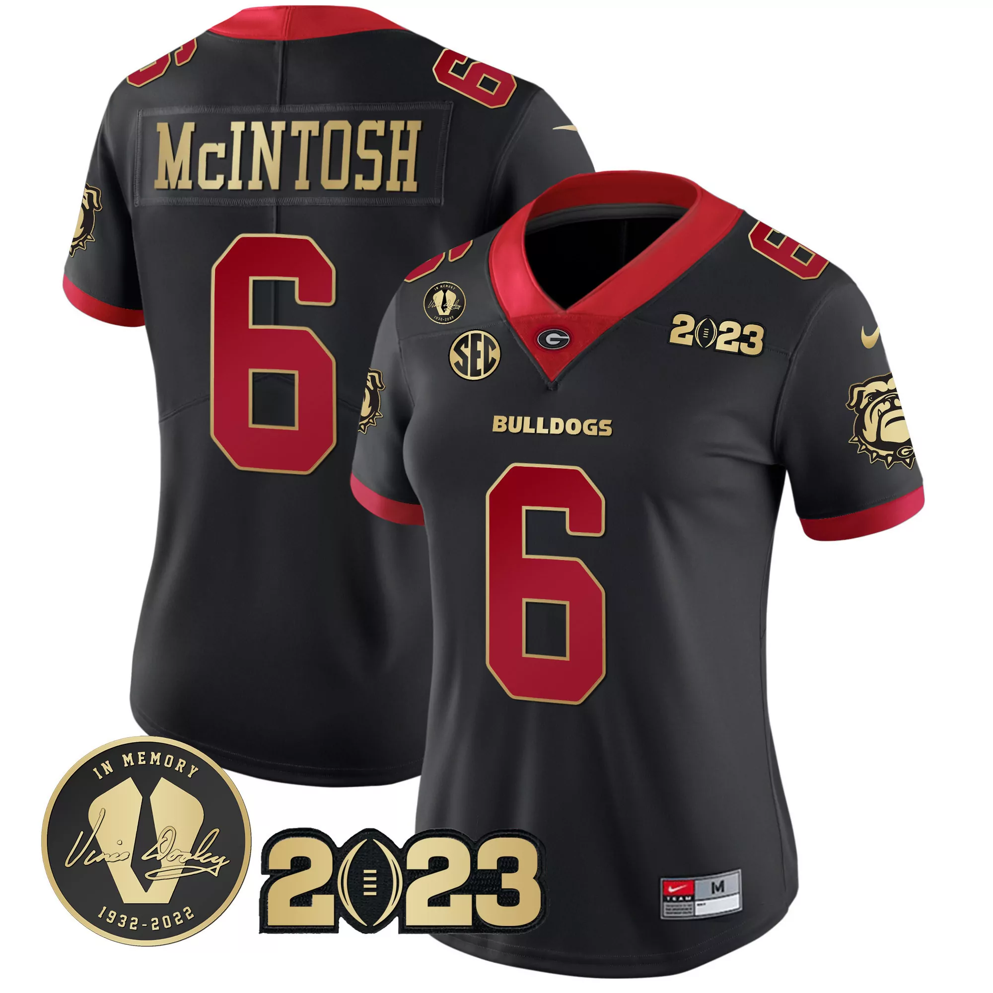 kenny mcintosh black gold mens georgia bulldogs 2023 champions vince dooley patch gold jersey all stitched
