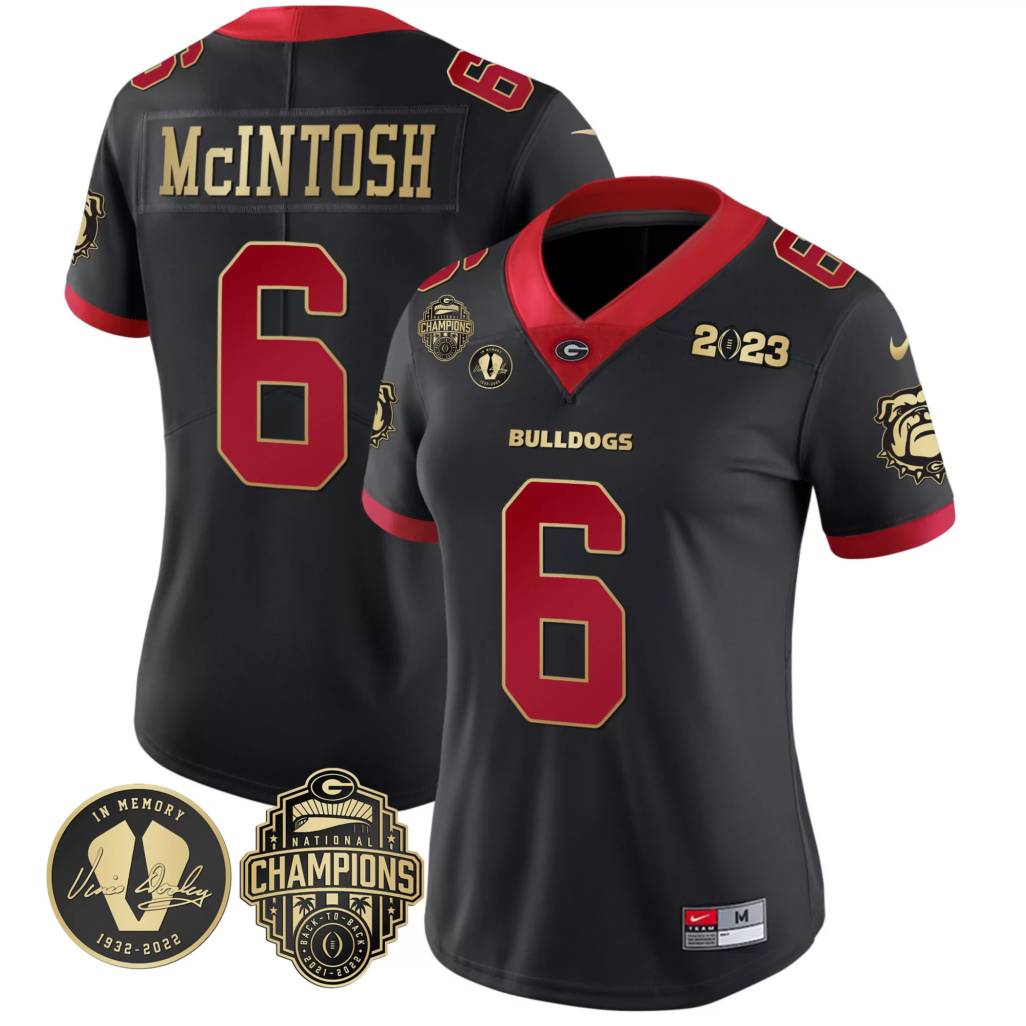 kenny mcintosh black gold trim womens georgia bulldogs 2023 vince dooley patch alternate gold jersey all stitched