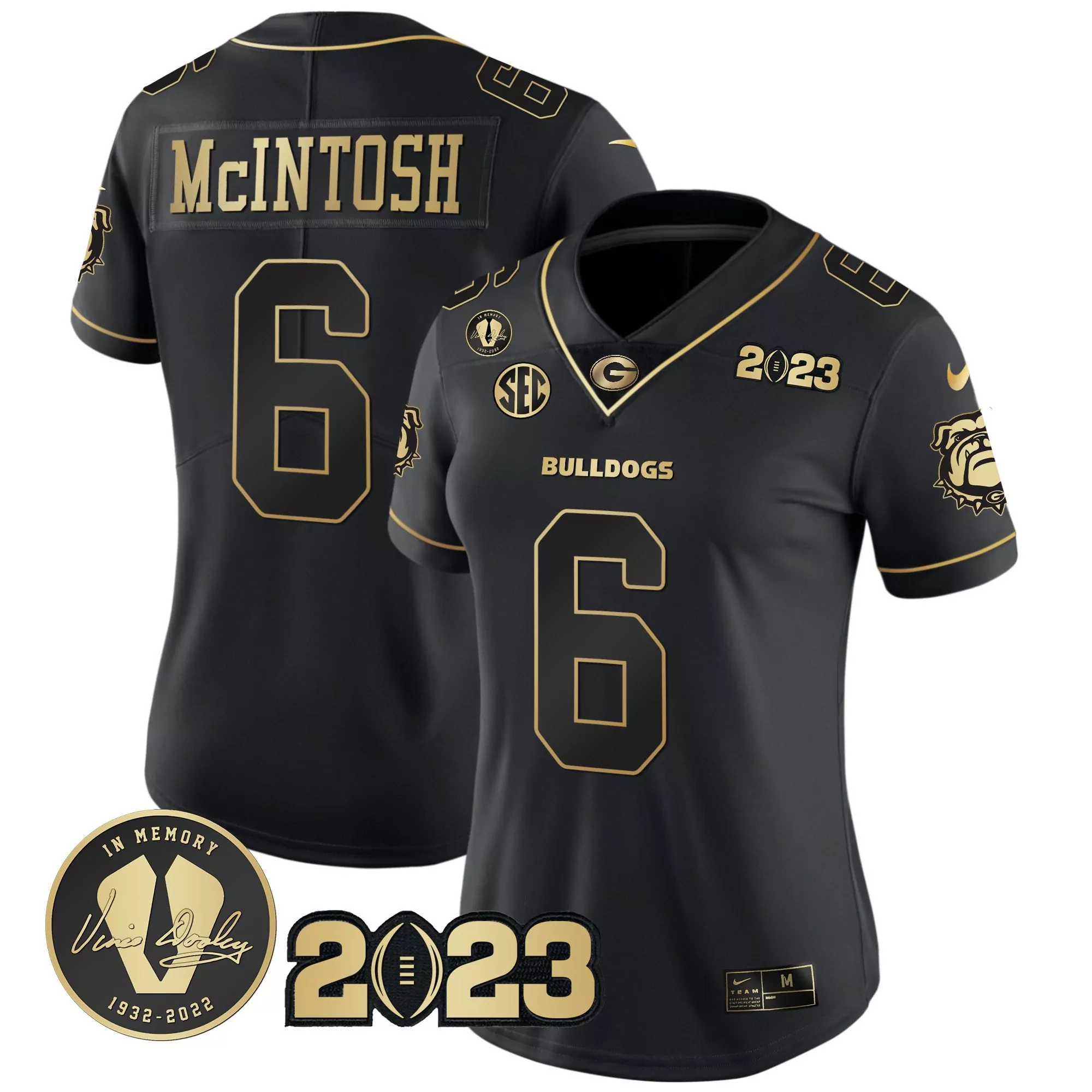 kenny mcintosh black gold trim womens georgia bulldogs 2023 vince dooley patch alternate gold jersey all stitched