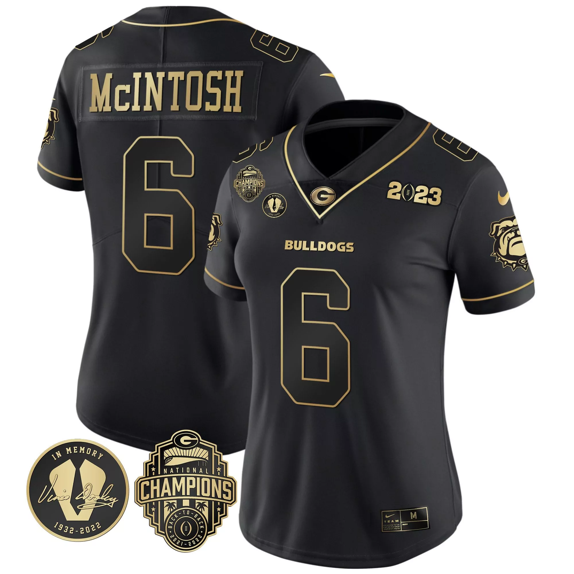 kenny mcintosh black gold trim womens georgia bulldogs 2023 vince dooley patch alternate gold jersey all stitched