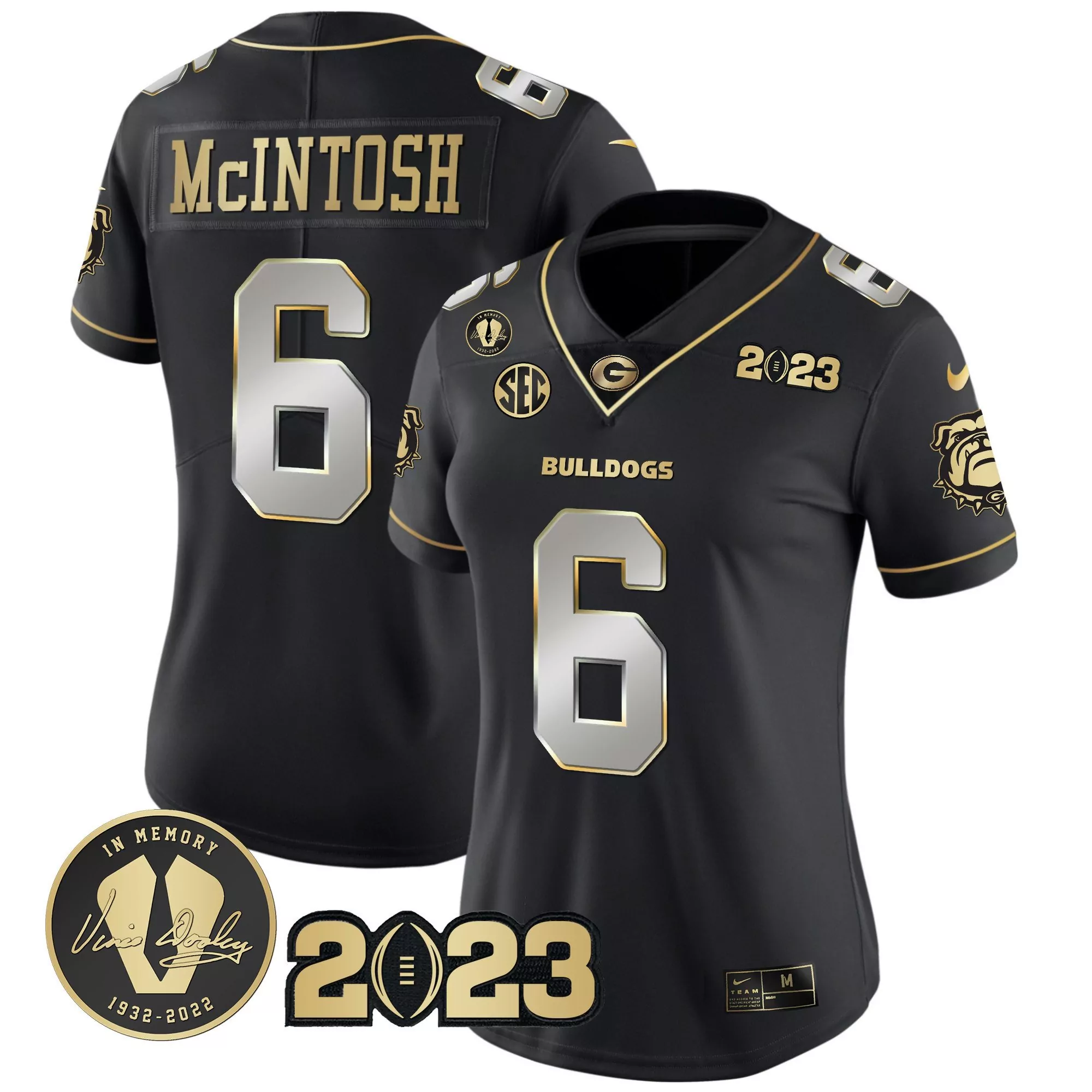 kenny mcintosh black limited womens georgia bulldogs 2023 champions gold jersey all stitched