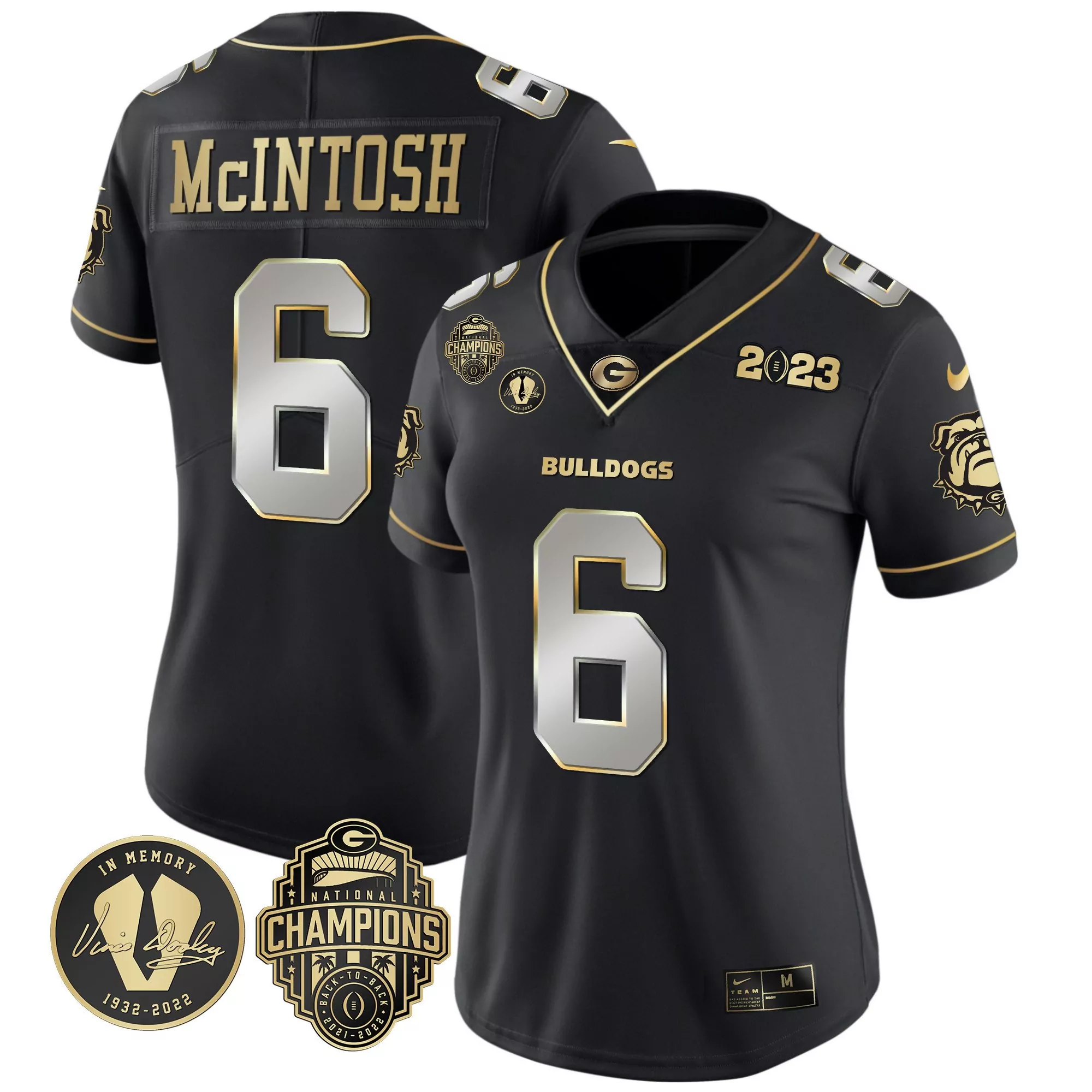 kenny mcintosh black limited womens georgia bulldogs 2023 champions gold jersey all stitched