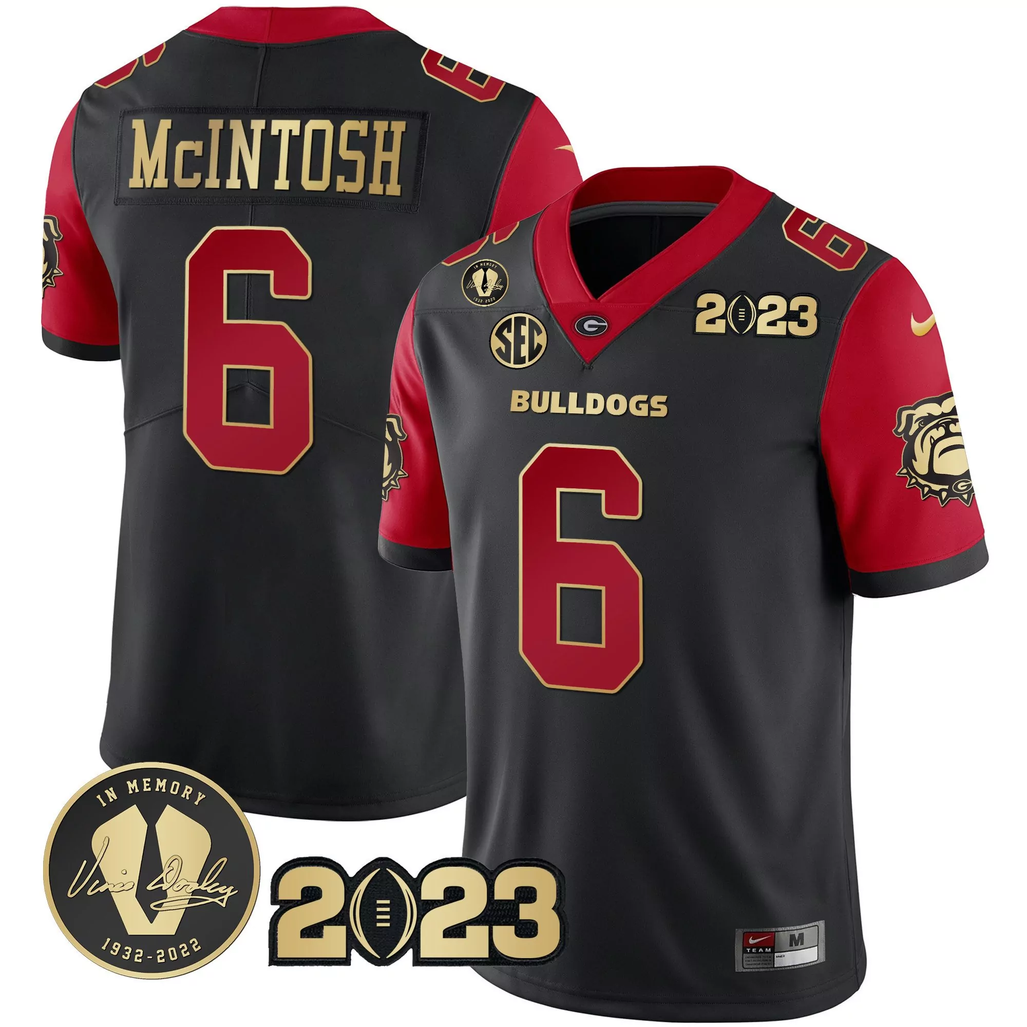 kenny mcintosh black mens georgia bulldogs 2023 champions gold color sleeves jersey all stitched