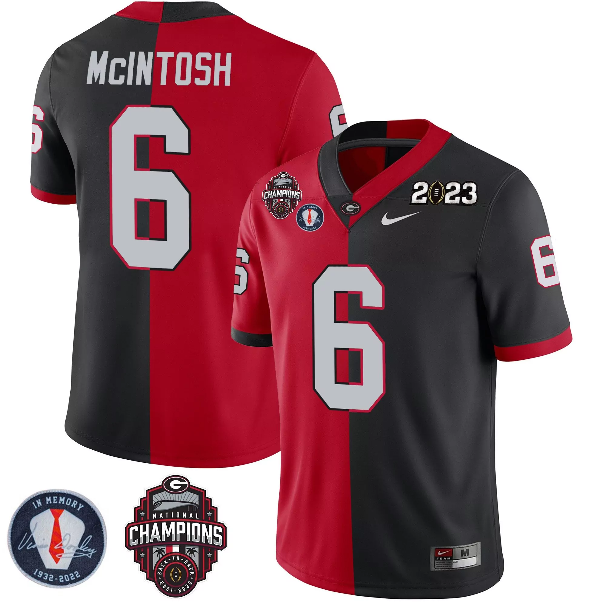 kenny mcintosh split red black mens georgia bulldogs 2023 champions vince dooley patch gold jersey all stitched