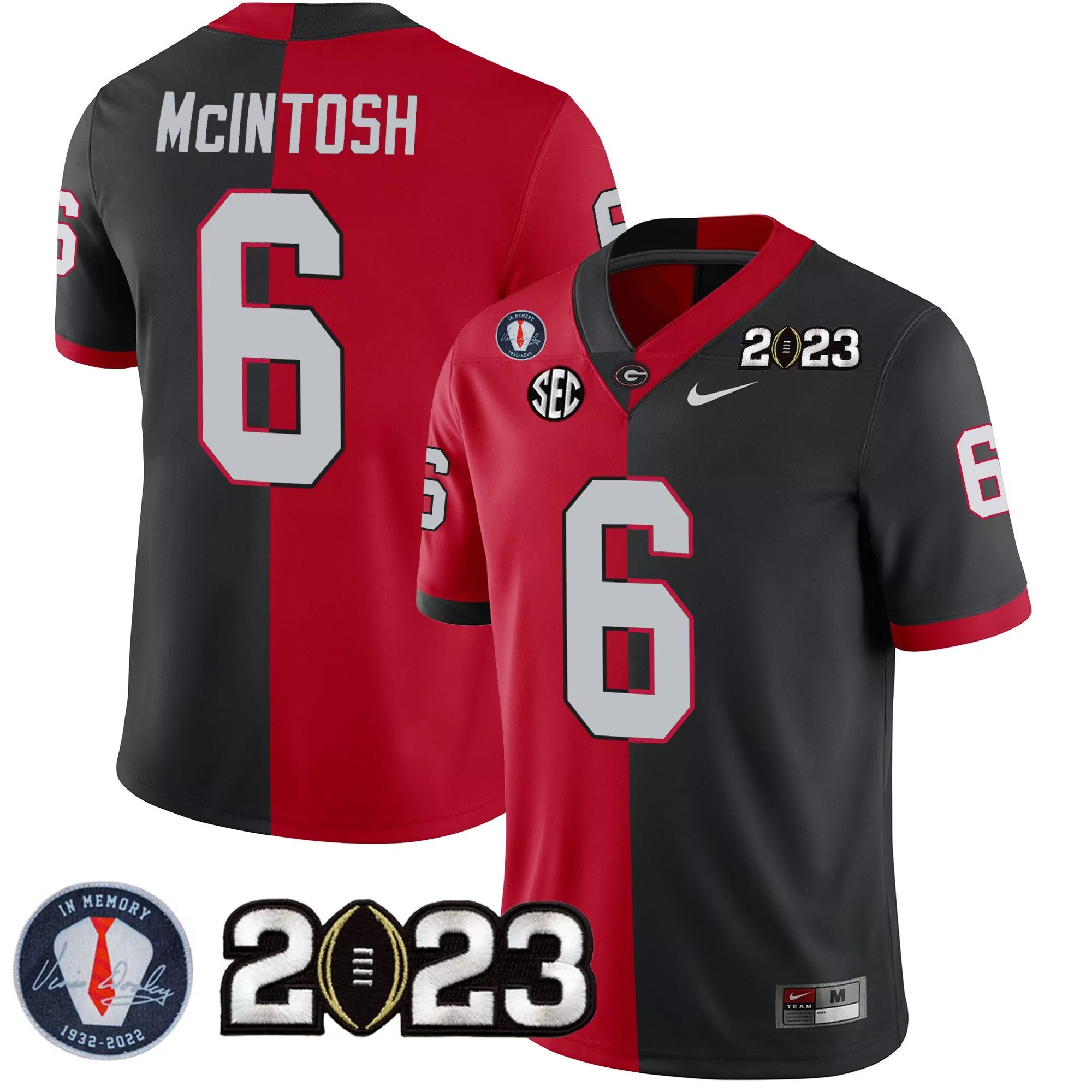 kenny mcintosh split red black mens georgia bulldogs 2023 champions vince dooley patch gold jersey all stitched