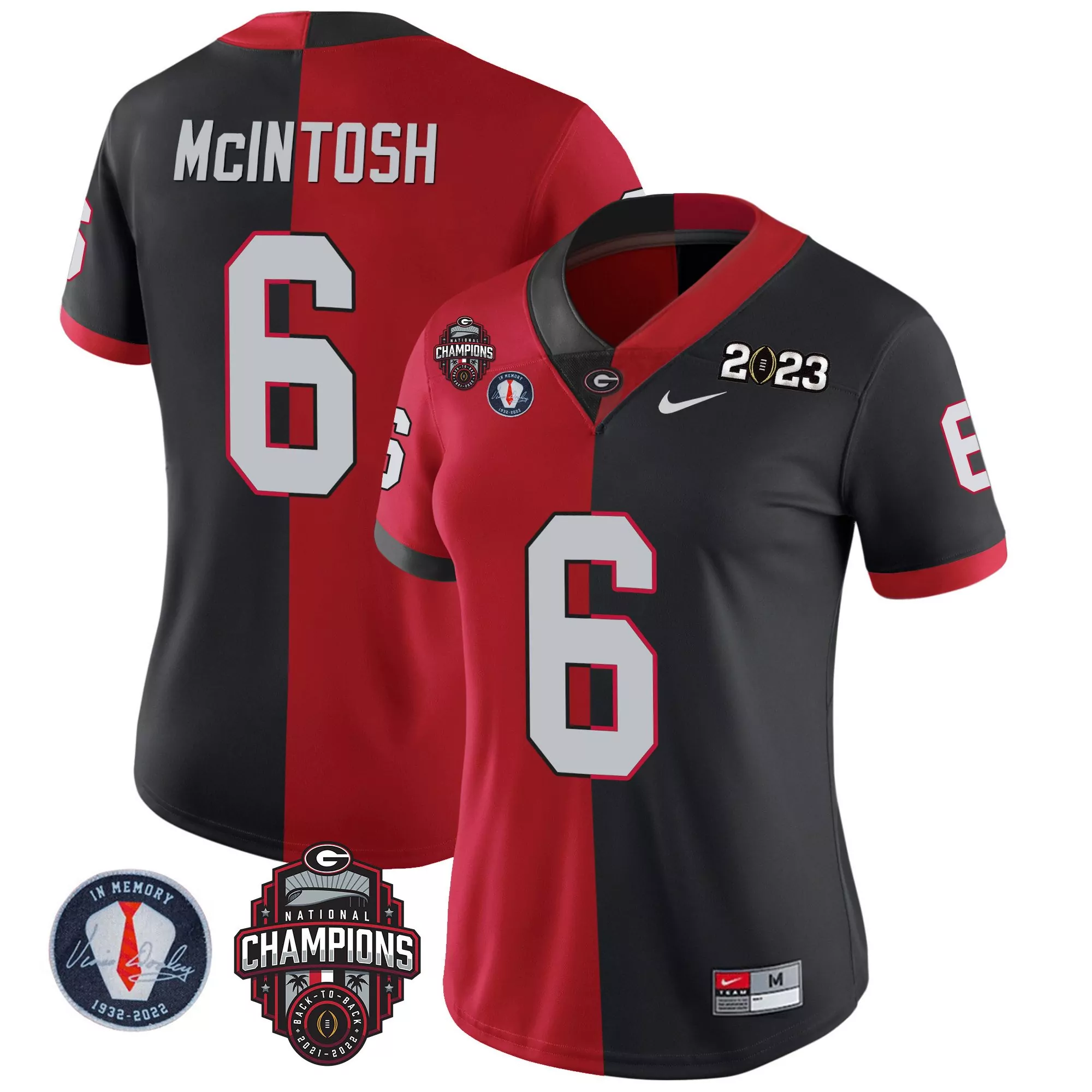 kenny mcintosh split red black mens georgia bulldogs 2023 champions vince dooley patch gold jersey all stitched