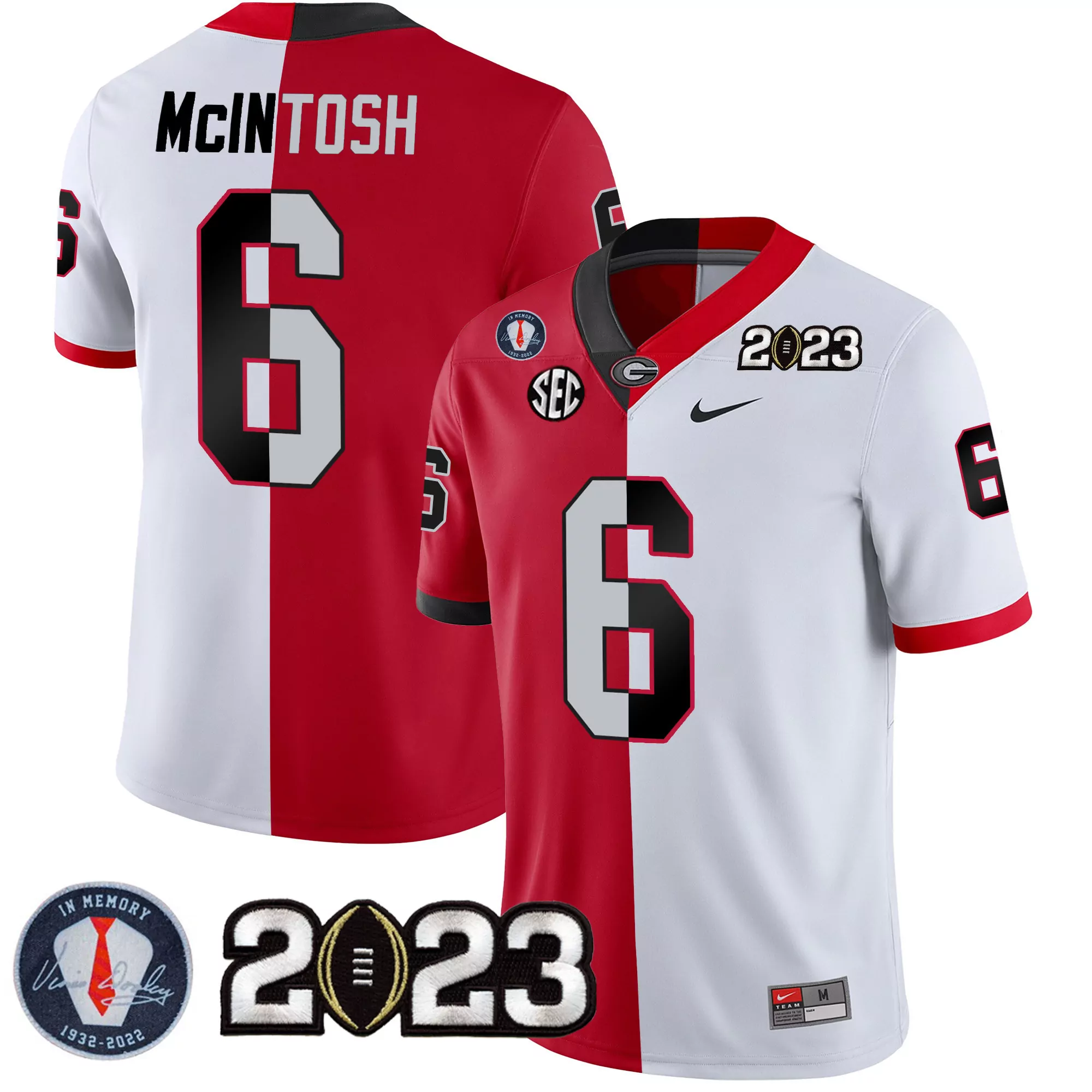 kenny mcintosh split red black mens georgia bulldogs 2023 champions vince dooley patch gold jersey all stitched
