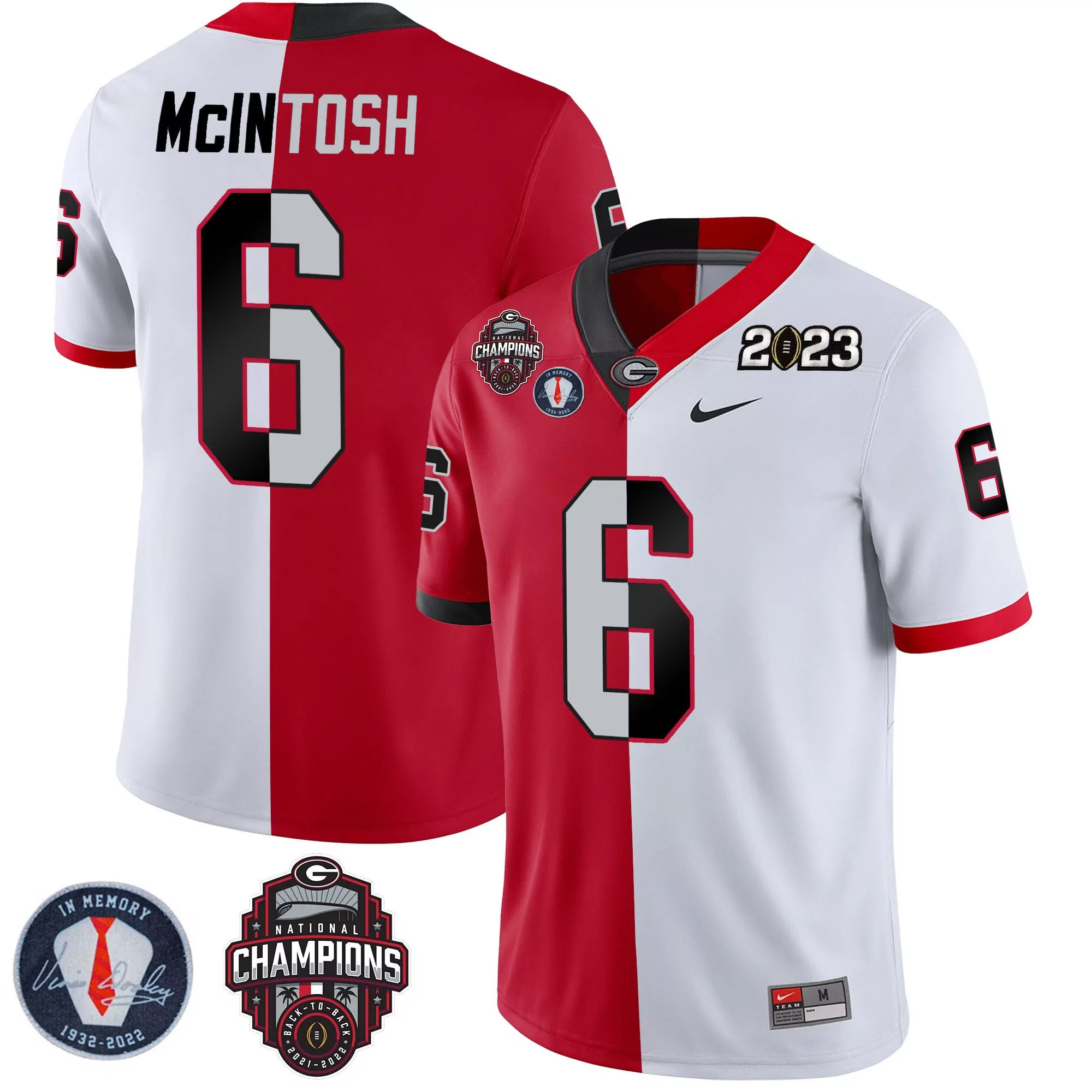 kenny mcintosh split red black mens georgia bulldogs 2023 champions vince dooley patch gold jersey all stitched