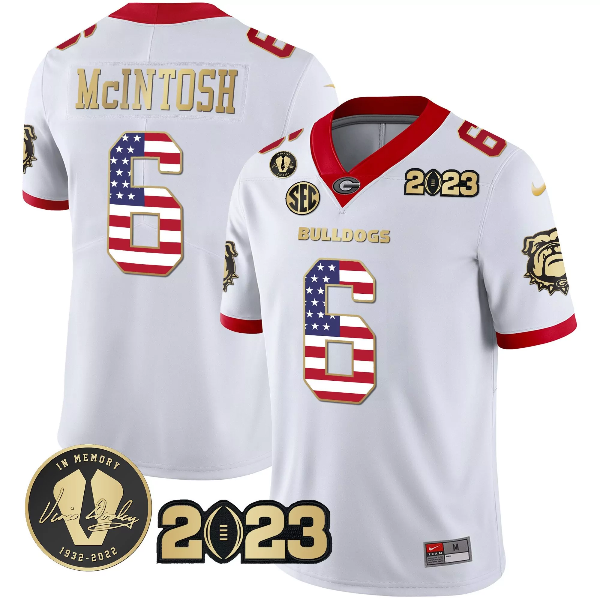 kenny mcintosh white gold trim mens georgia bulldogs 2023 champions gold flag jersey all stitched
