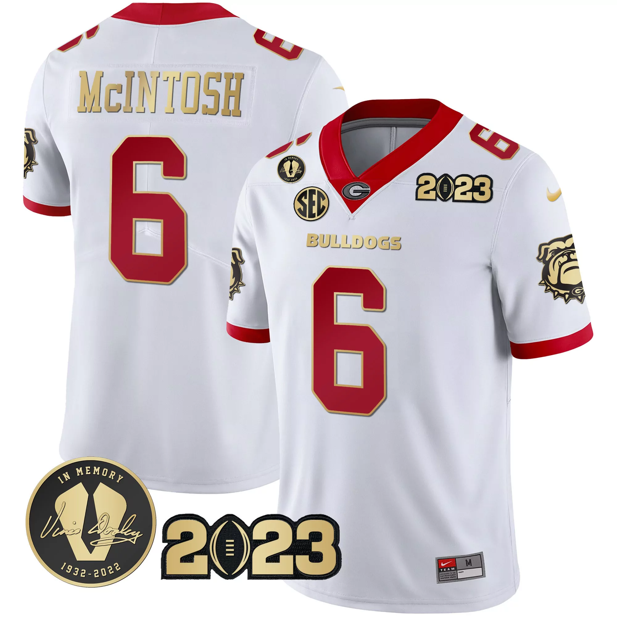 kenny mcintosh white gold trim mens georgia bulldogs 2023 champions gold flag jersey all stitched