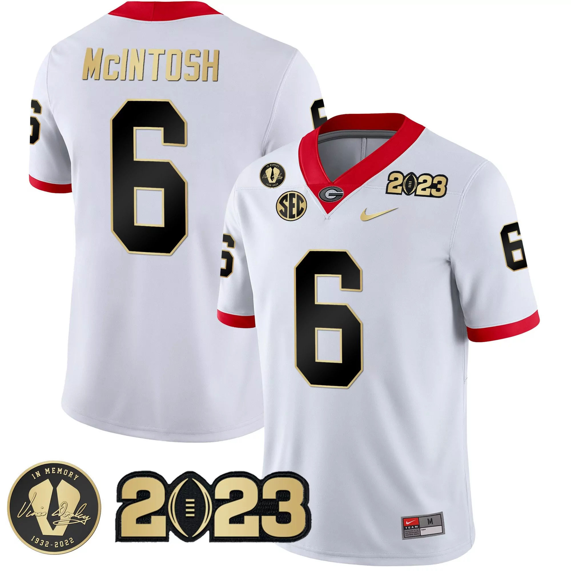 kenny mcintosh white gold trim mens georgia bulldogs 2023 champions gold flag jersey all stitched