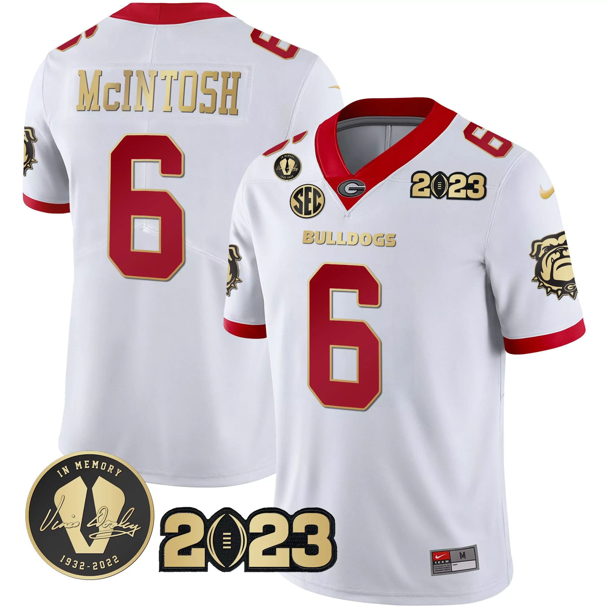 kenny mcintosh white gold trim mens georgia bulldogs 2023 champions gold flag jersey all stitched