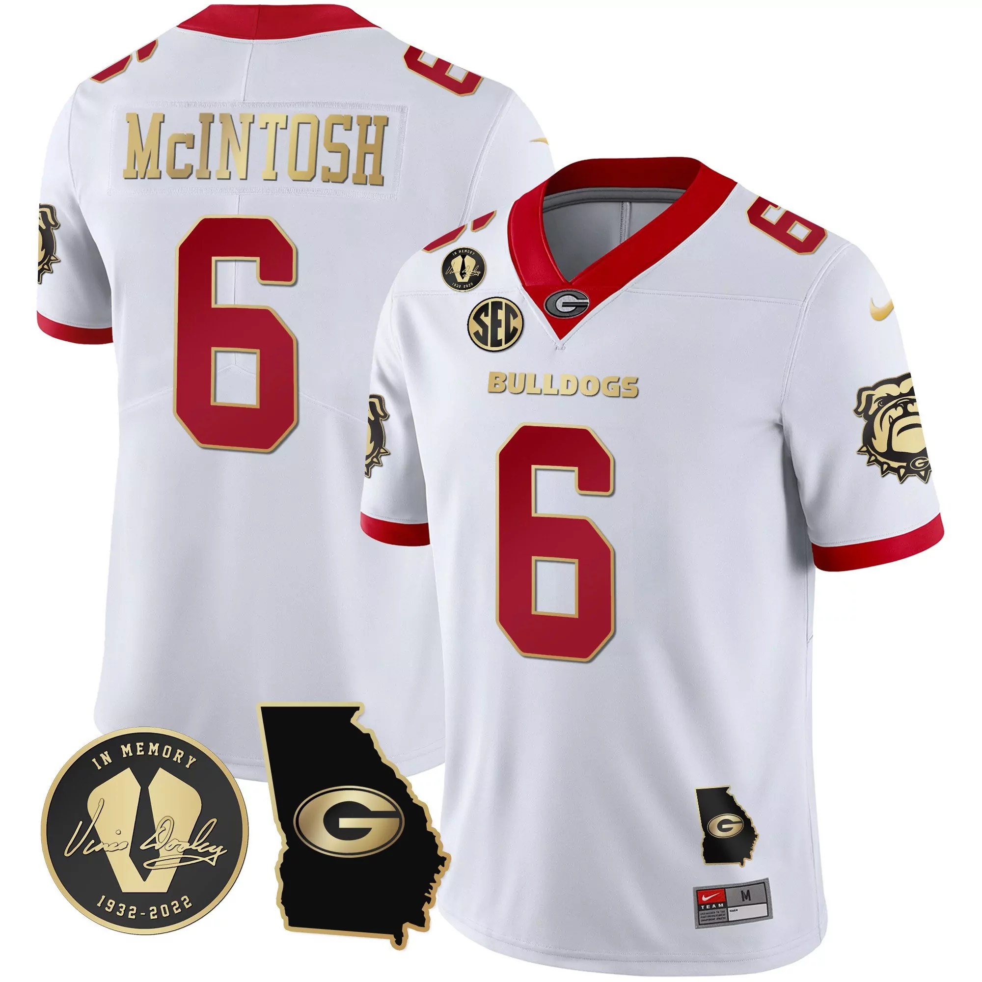 kenny mcintosh white gold trim mens georgia bulldogs 2023 champions gold flag jersey all stitched